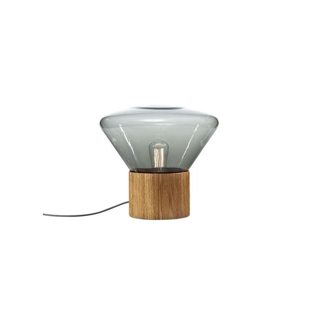 Brokis Muffins Wood 01 Bord Gulvlampe Røgfarvet Glas   Naturlig Eg Med Sort Ledning