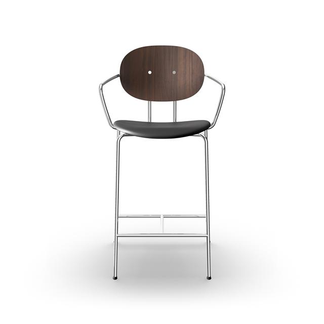Sibast Furniture Piet Hein Barstol Krom Med Armlæn Valnød Og Sort Læder