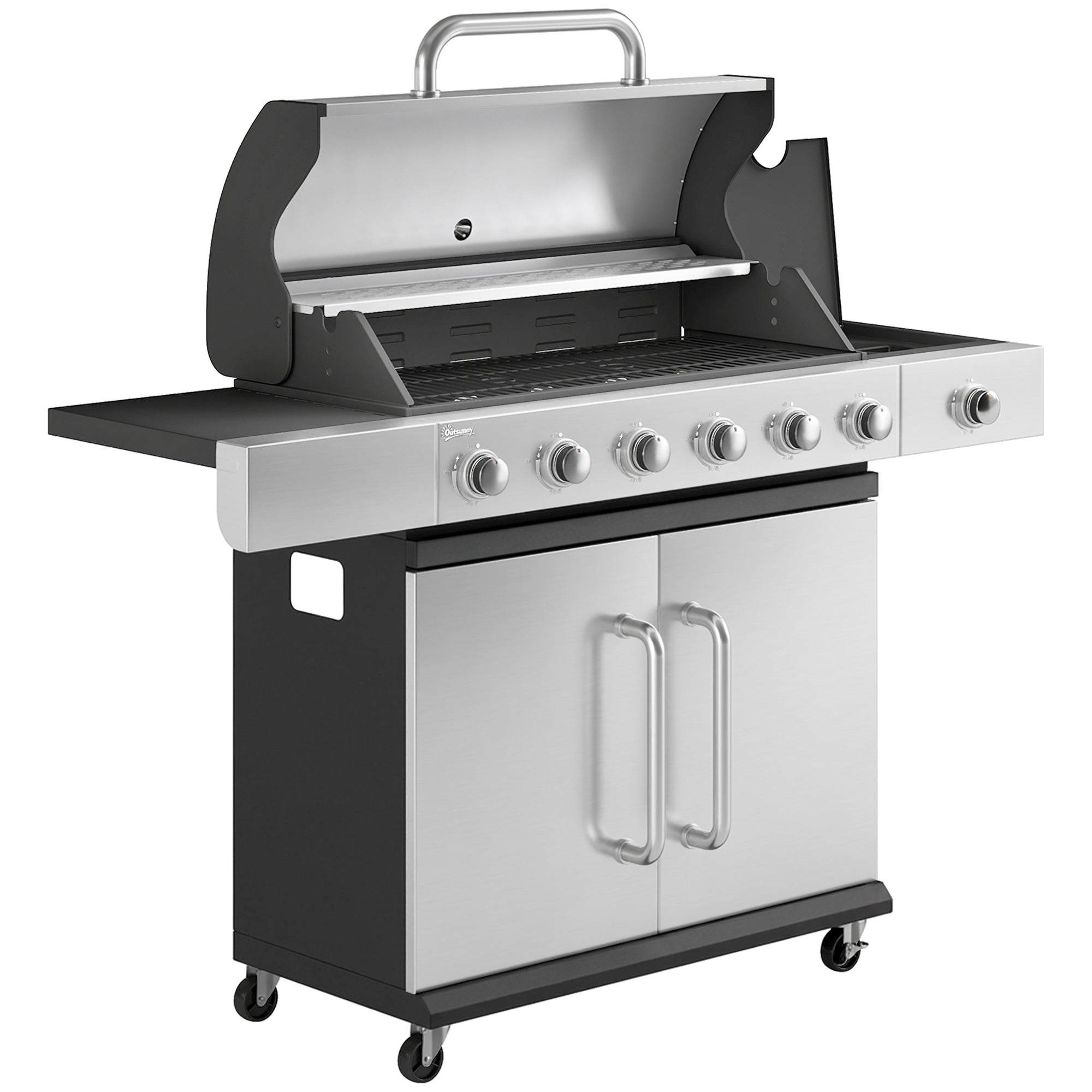 Gasgrill 18   Kw     Brænder Bbq Grillvogn Lavet Af Rustfrit Stål Inkl  Hjul  Termometer  Varmerist  Sidebord  Underskab