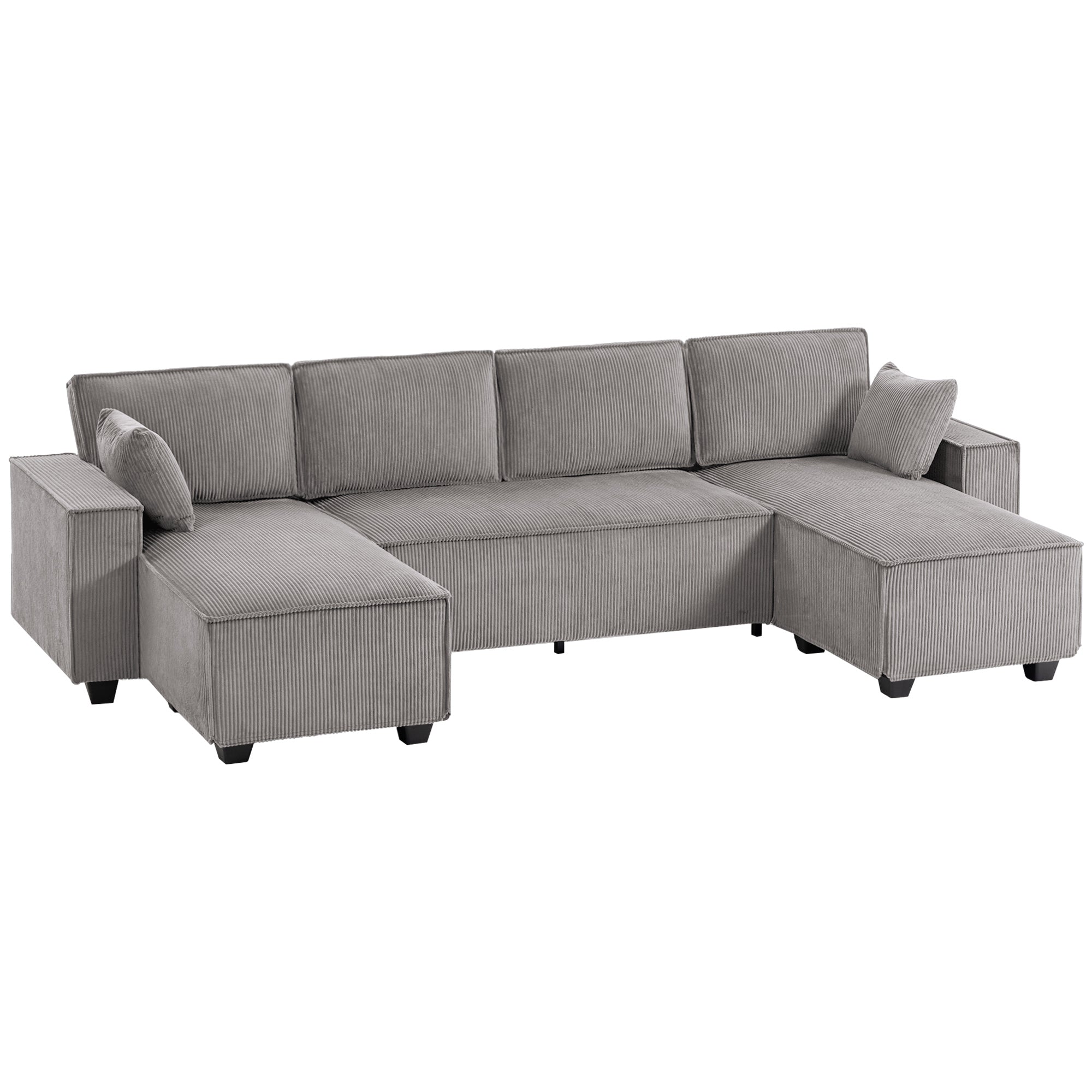 Hjørnesofa Med Dobbelt Chaiselong   -formet Sofa   Corduroystof Med Bredt Og Dybt Sæde  Hynder Med Fjederkerne  Lysegrå