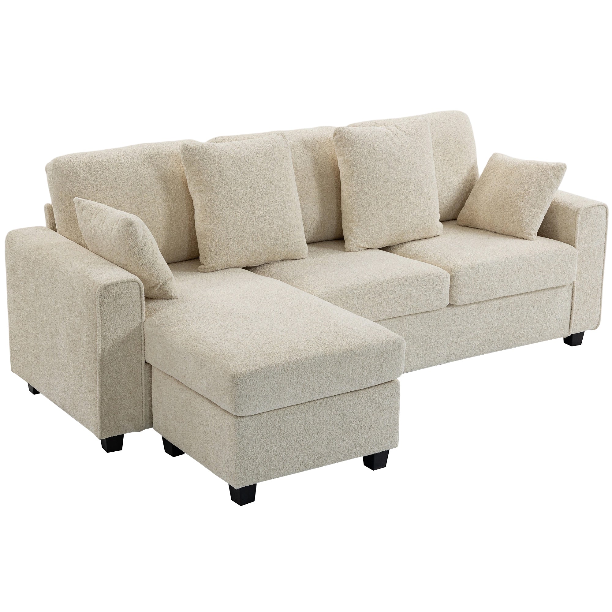 Hjørnesofa Med Vendbar Chaiselong   -personers Sofa Med Fløjlslook  Bredt Og Dybt Sæde  Fjerhynder  Beige
