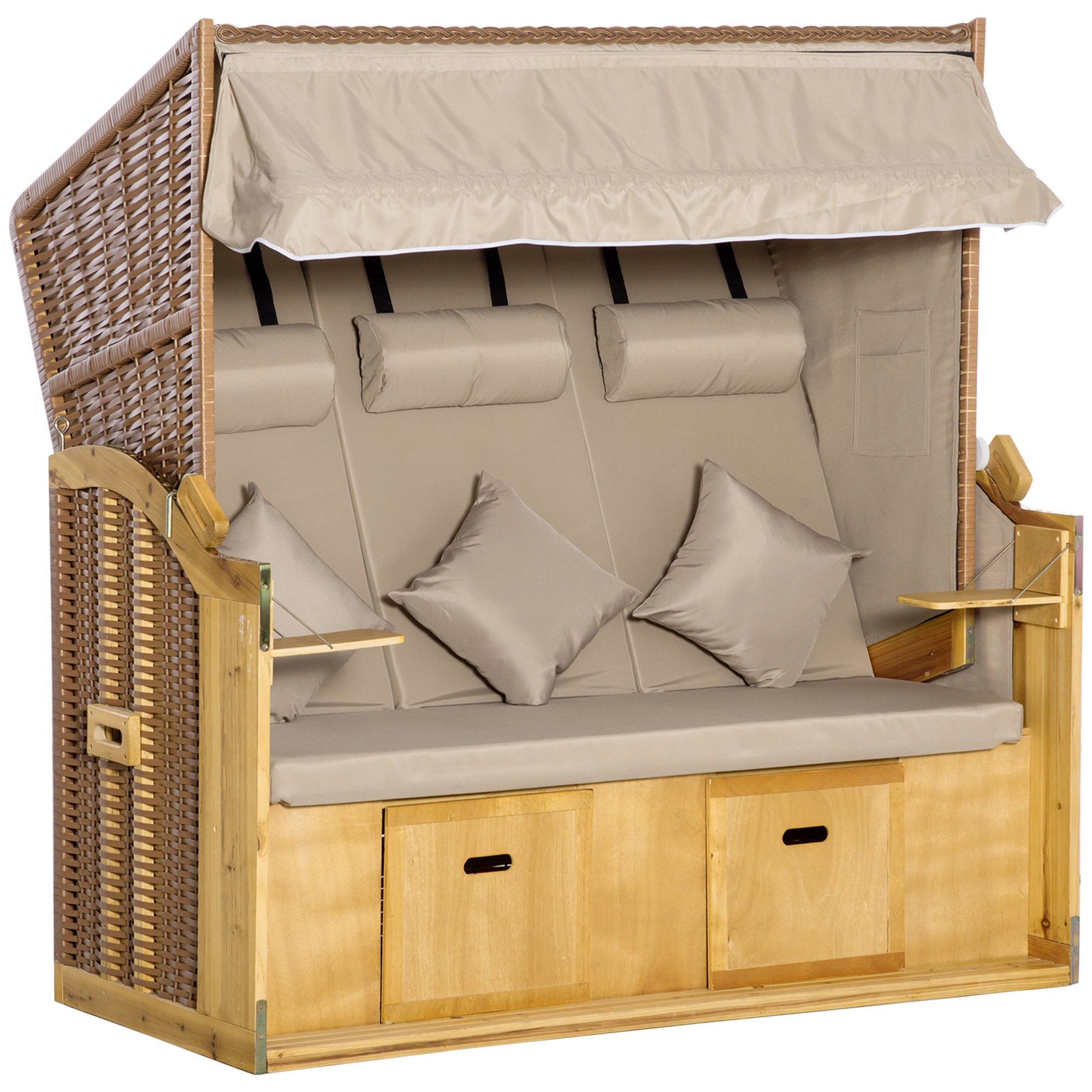Strandstol Solseng Med Baldakin    Klapborde  Fodstøtte  Chaiselong  Justerbar Ryglæn Med   Positioner     Polyrattan  Naturlig Finish  150   79   160 Cm