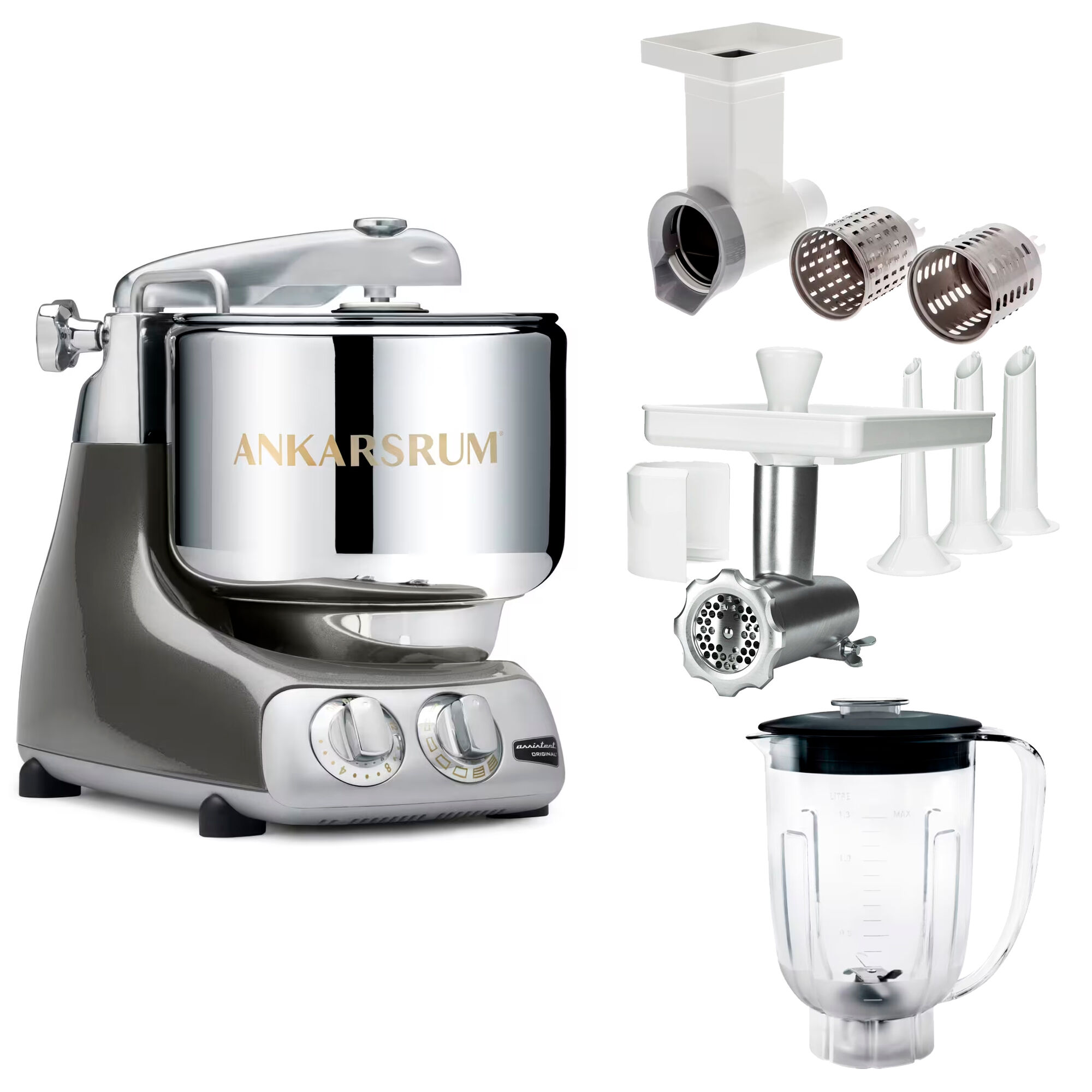 Ankarsrum Assistent Original Akm 6230 Køkkenassistent Med Kødkværn  Rive Skæretilbehør Og Blenderkande  Black Chrome