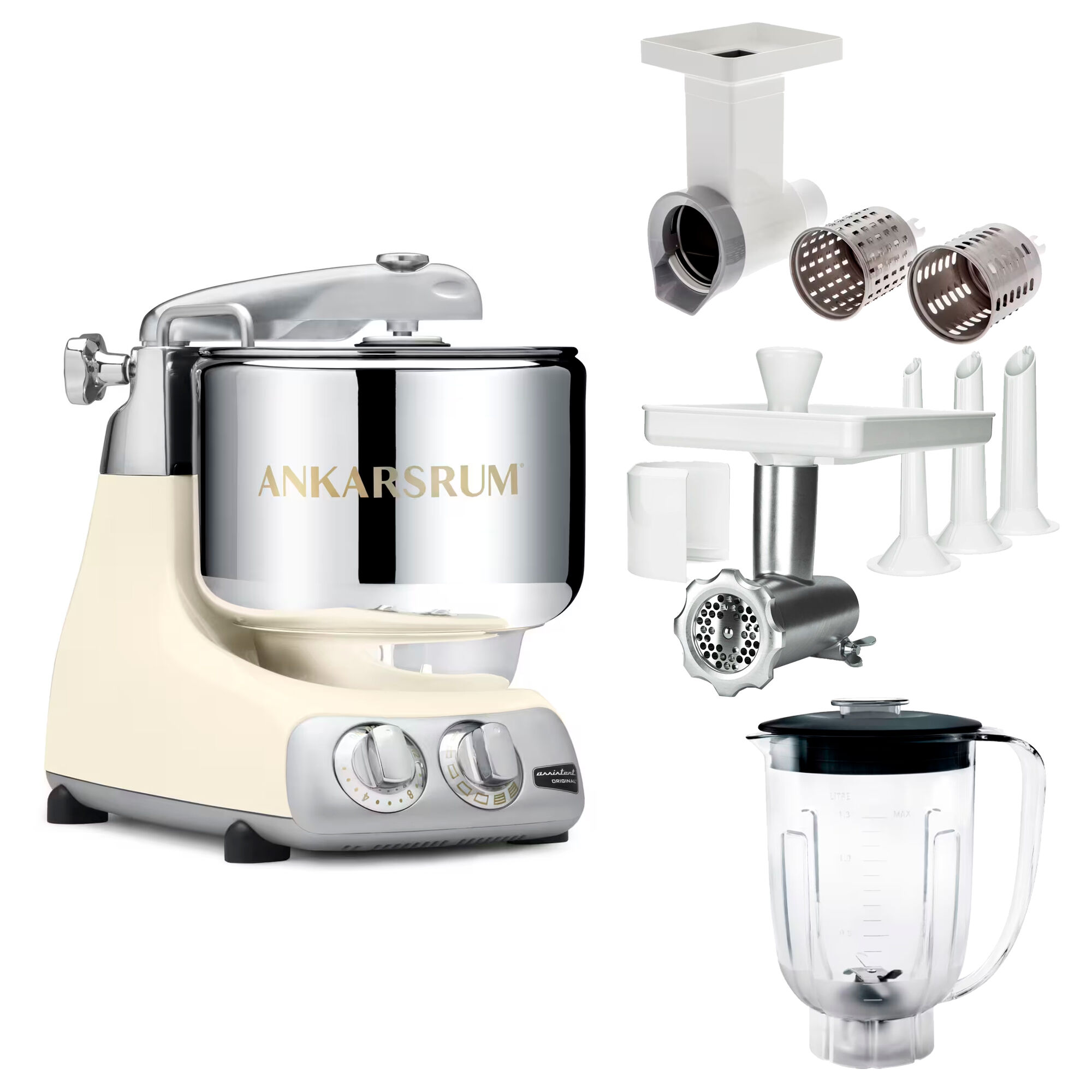 Ankarsrum Assistent Original Akm 6230 Køkkenassistent Med Kødkværn  Rive Skæretilbehør Og Blenderkande  Light Creme
