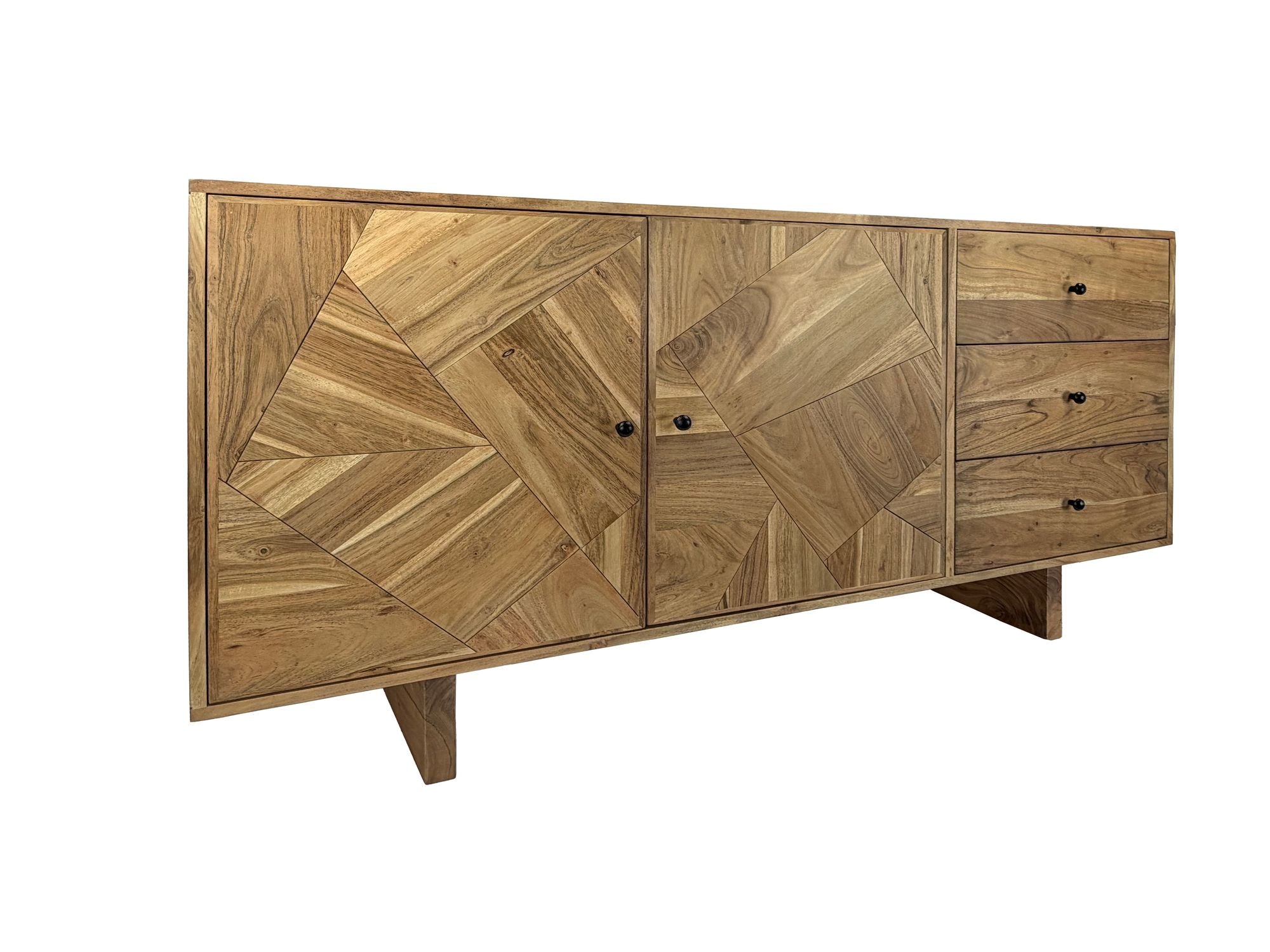 Designer Skænk   Massivt Træ   Akacie  150 Cm Med   Døre Og   Skuffer Kommode   Massivt Træ Med Geometrisk Front  Håndlavet