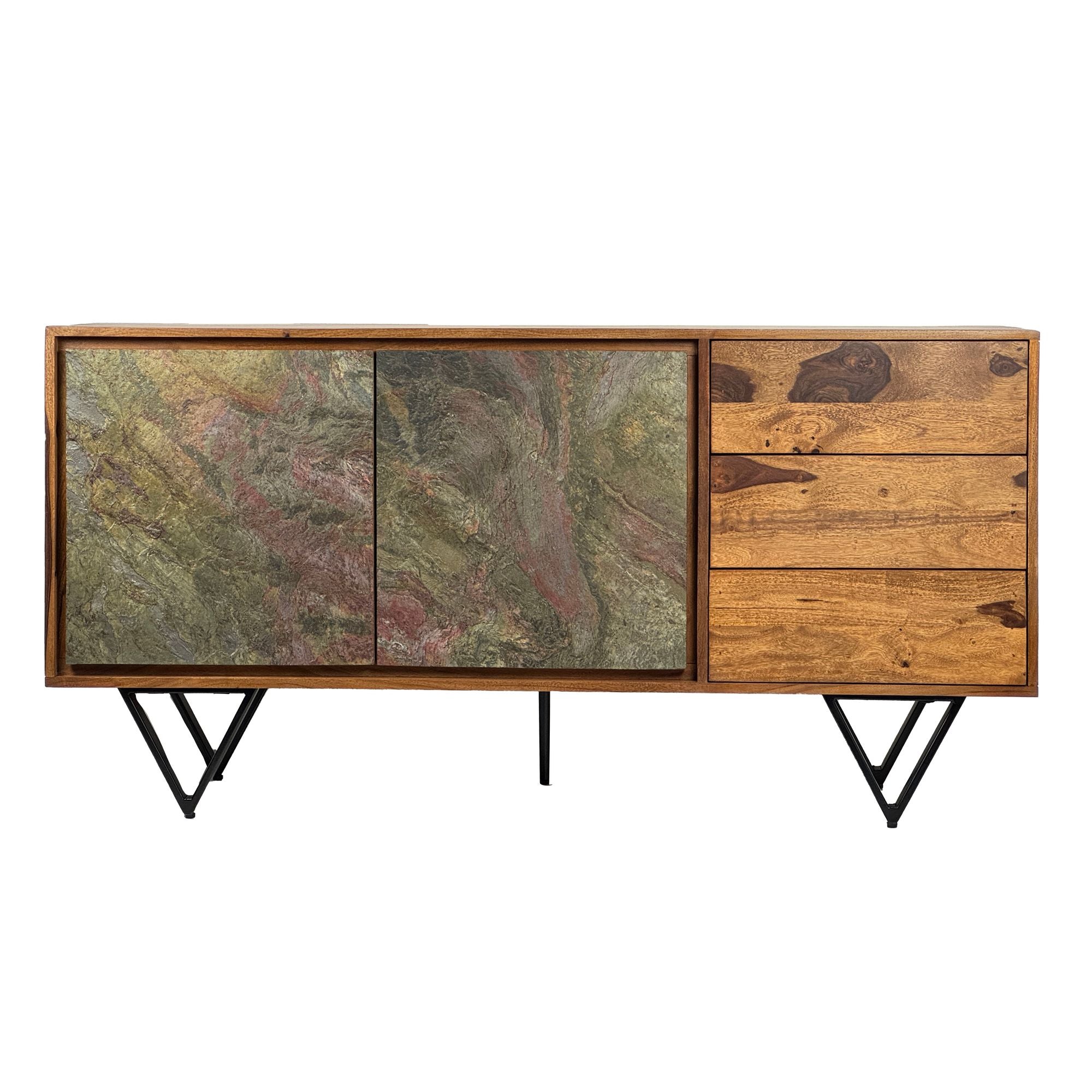 Designer Skænk   Massivt Træ  150x40x55 Cm    Låger Og   Skuffer  3d-stenlook Fronter