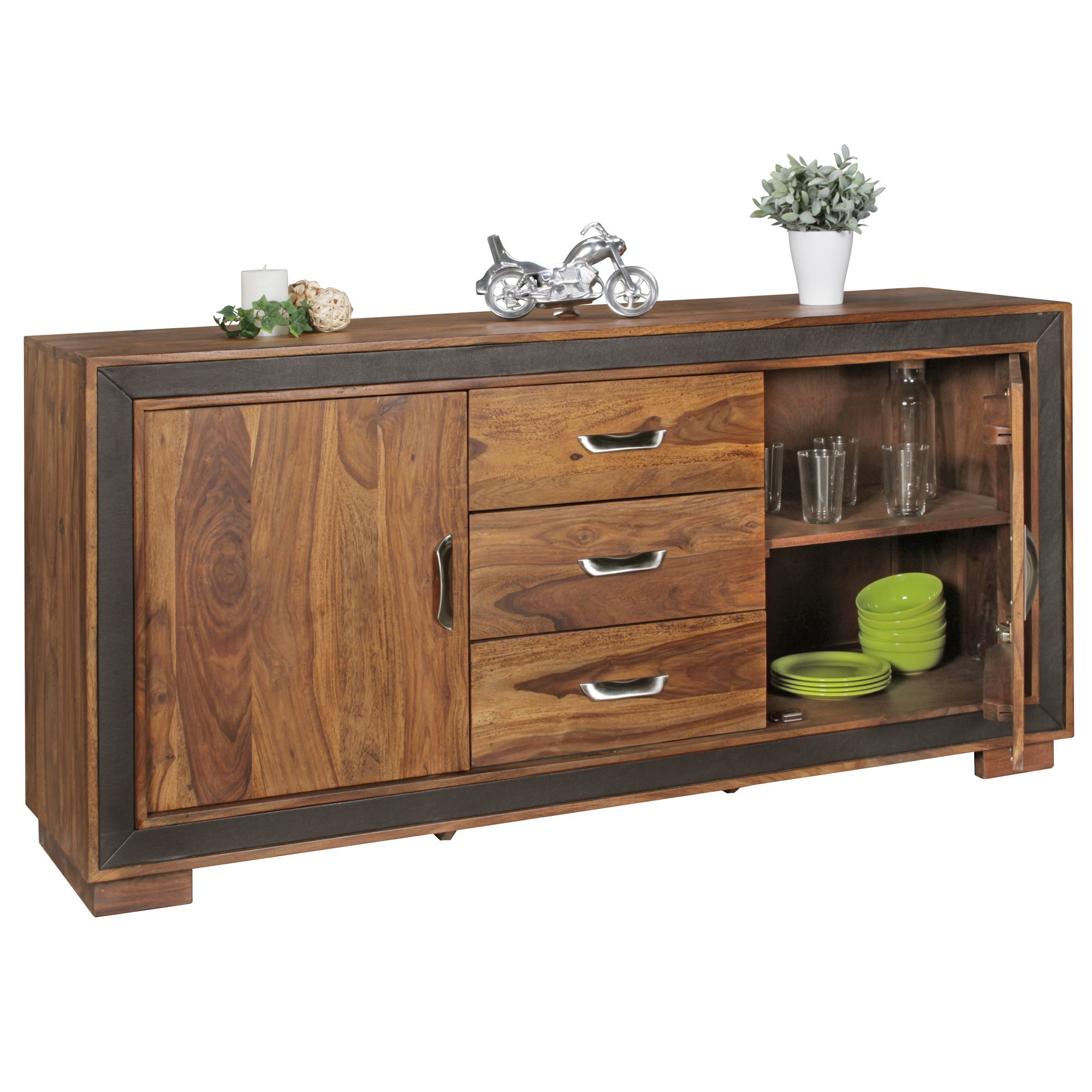 Designer Skænk   Massivt Træ Med Kunstlæder 160x44x80 Cm