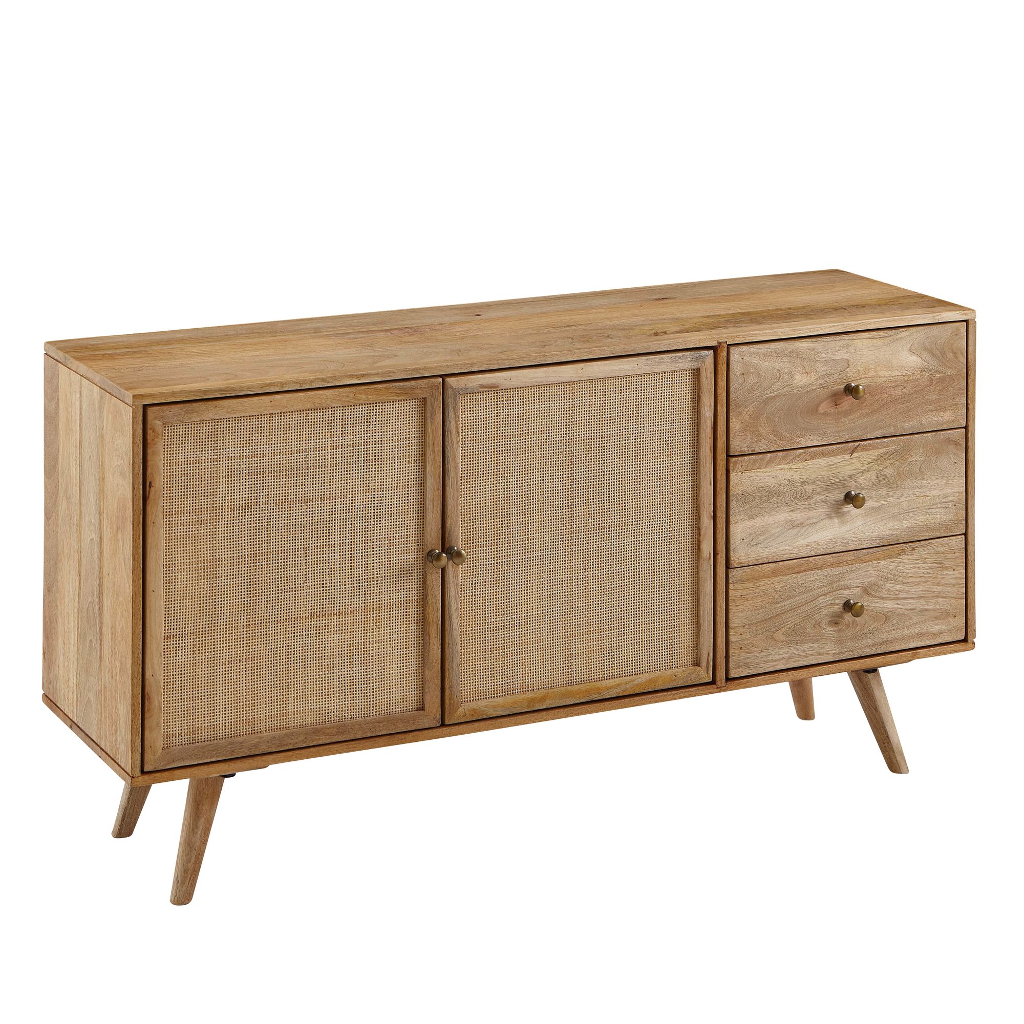 Designer Skænk 140x75x40 Cm  Massivt Træ Rattan  Japandi-look  Naturfarvet