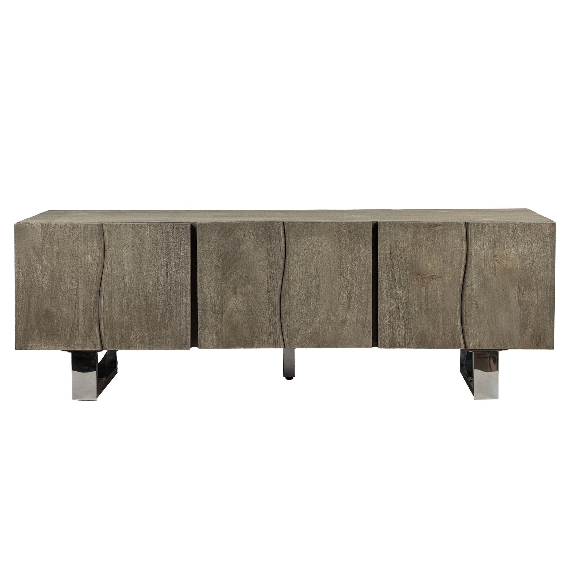 Designer Tv-bord   Massivt Akacietræ  Røget Grå  160x56x46 Cm  Tre Låger  Metalben  Industrielt Look