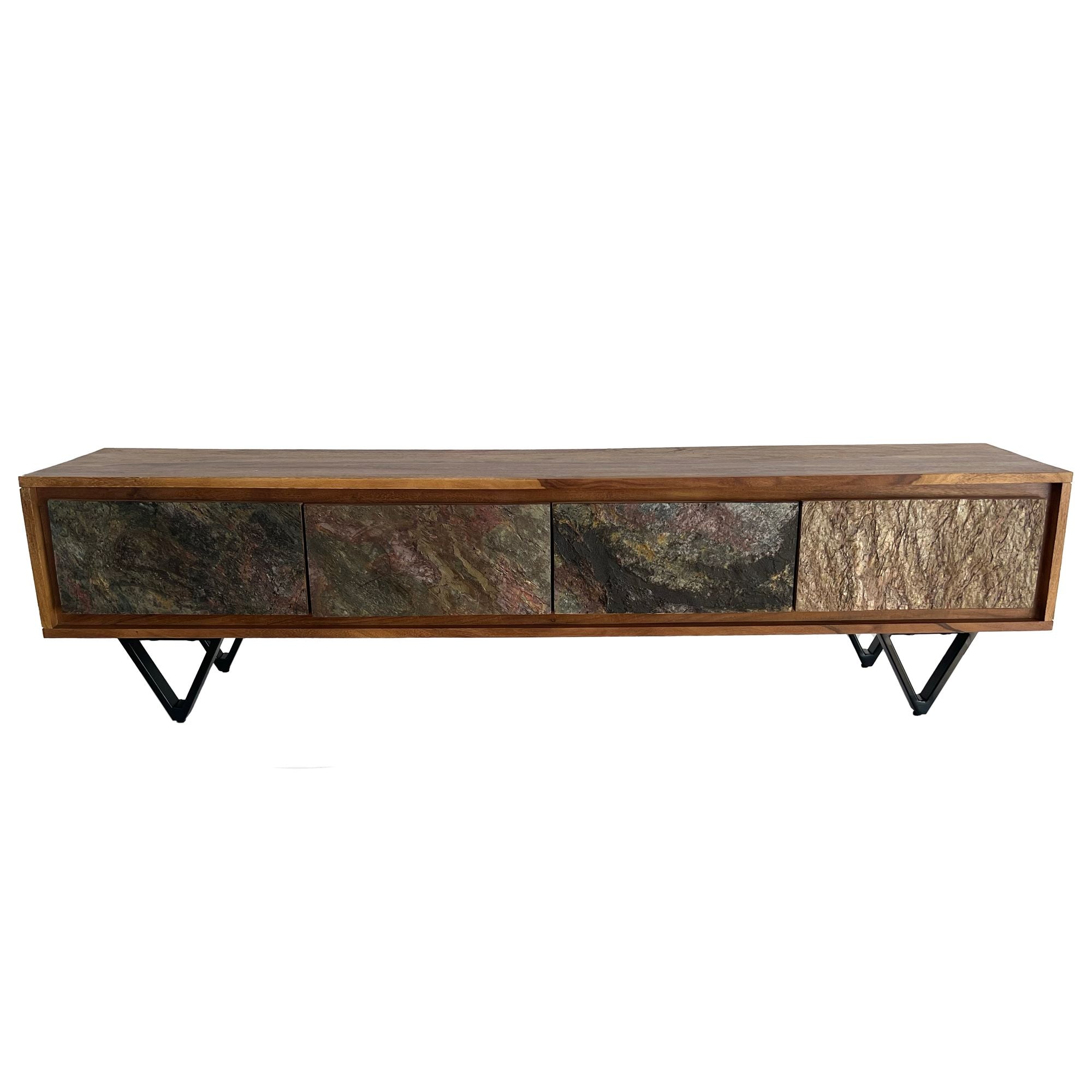 Designer Tv-bord   Massivt Træ  160 Cm  Med Stenlignende Front Og Sort Metalstel
