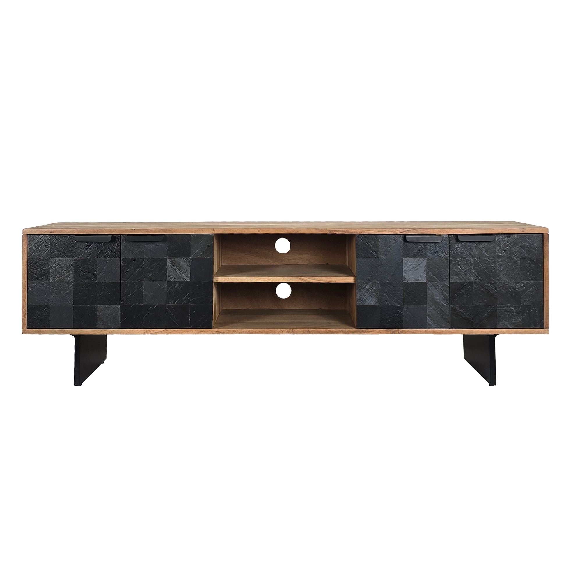 Designer Tv-bord   Massivt Træ  150 Cm  Stenlignende Fronter Og Metalstel  Industrielt Look