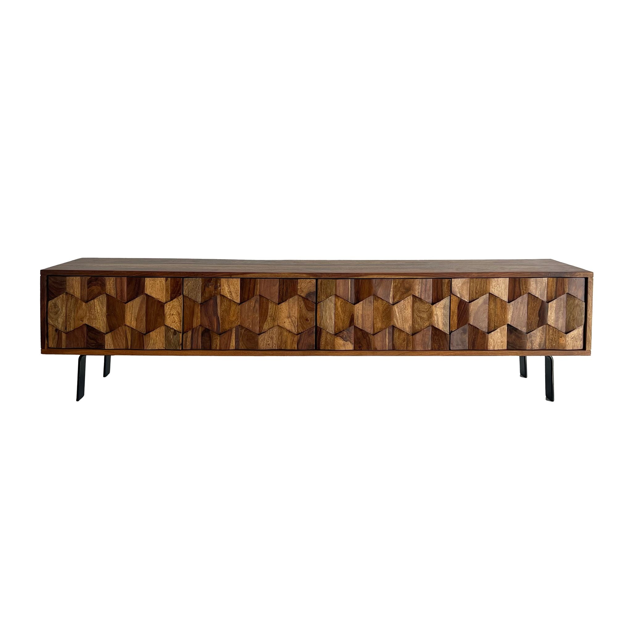 Designer Tv-kommode   Massivt Træ  160 Cm  3d-fronter    Døre  Kabelstyring Og Sorte Metalben