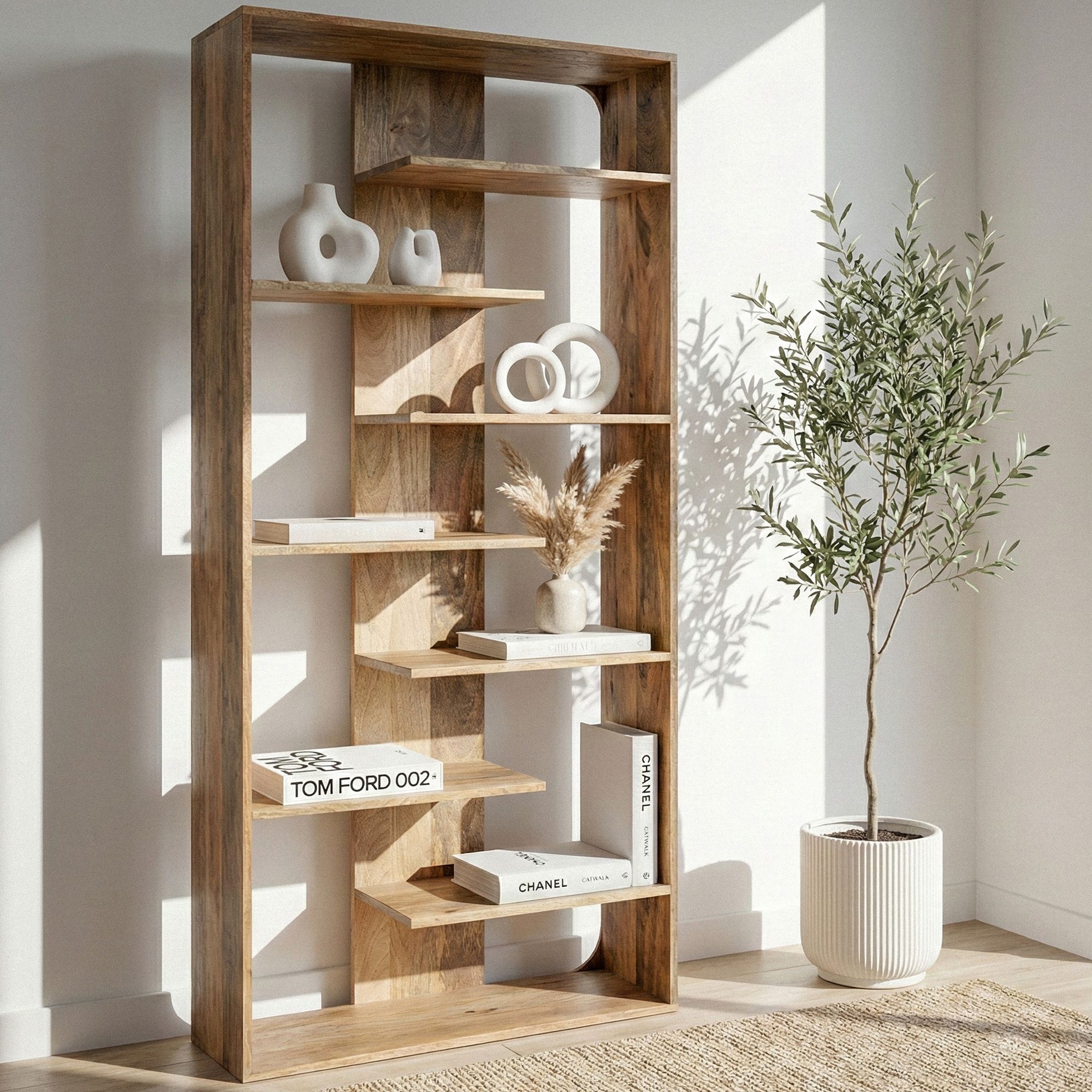 Håndlavet Dekorativ Designer Bogreol 200cm   Massivt Mangotræ  Bredde: 90 Cm Højde: 200 Cm Dybde: 40 Cm