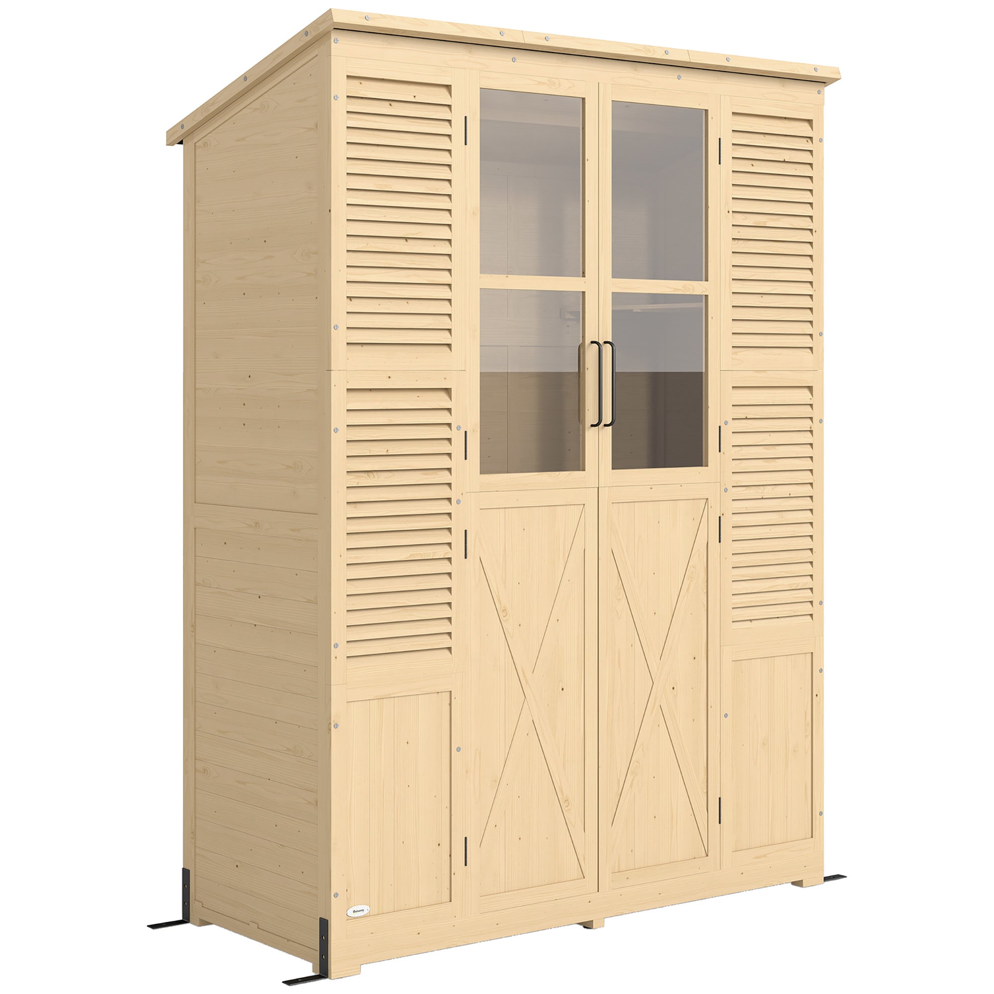 Haveskab   Træ Med Hylde  Akrylvinduer  Dobbeltdøre  Asfalttag  Lamelventilation  Bundplade  147x68x198cm