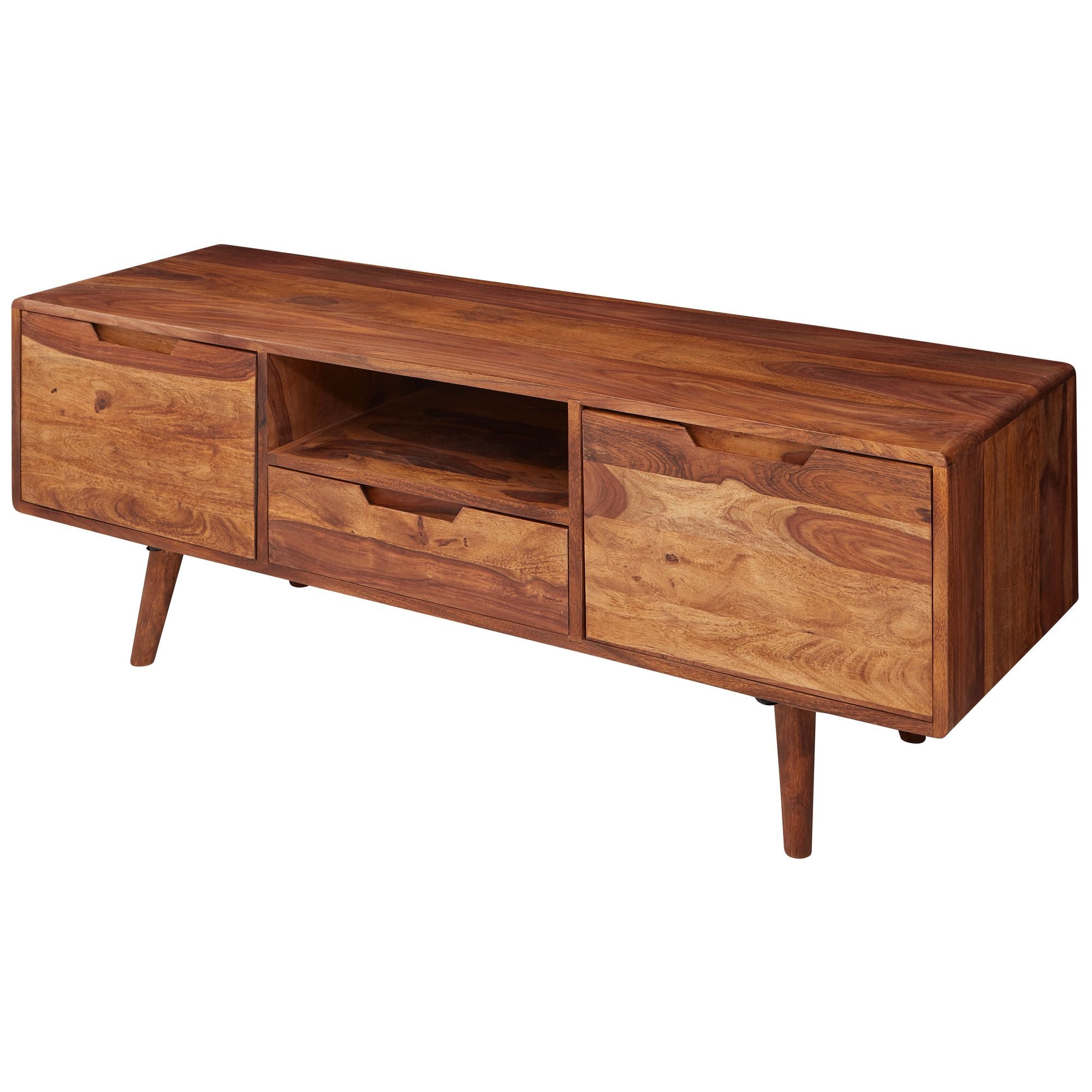 Hifi Lowboard Sheesham Massivt Træ Landlig Tv-skab 135x51x45cm  Tv-bord Med Skuffe Og   Døre  Tv-bord Med Opbevaringsrum  Tv-kommode  Tv-møbel