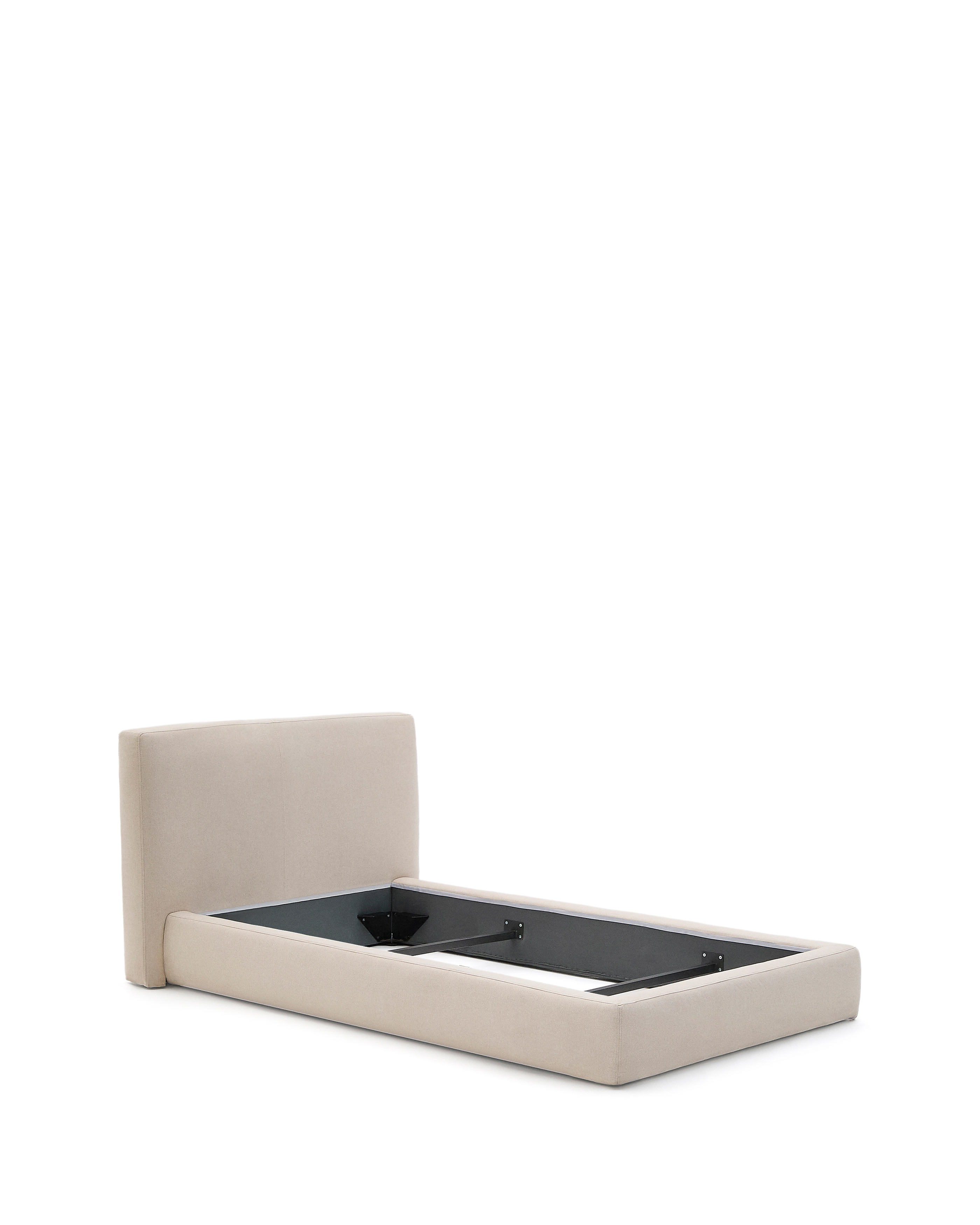 Kave Home Blok Sengeramme     Sengegavl  Aftageligt Betræk     Madras     Bund Ecru Stof  90x200