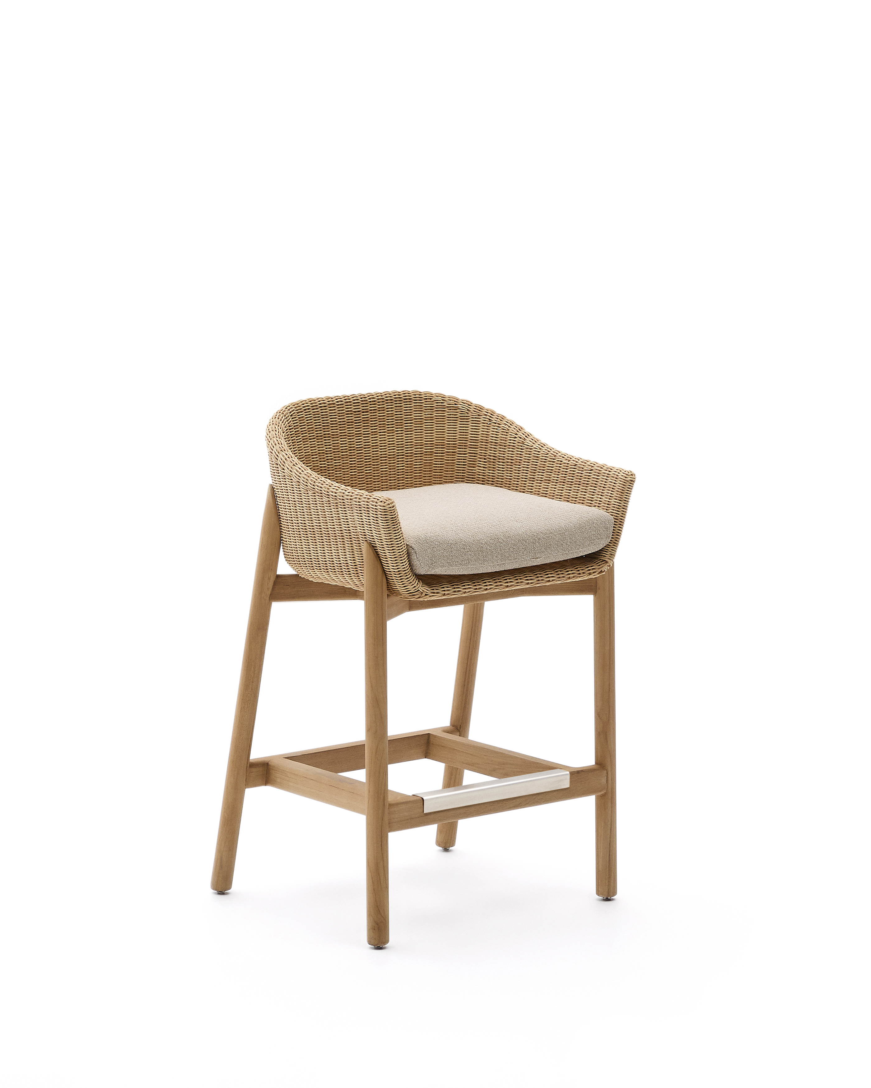 Kave Home Galea Udendørs Barstol     Ryglæn  Armlæn  Hynde Syntetisk Rattan Og Teaktræ  75cm