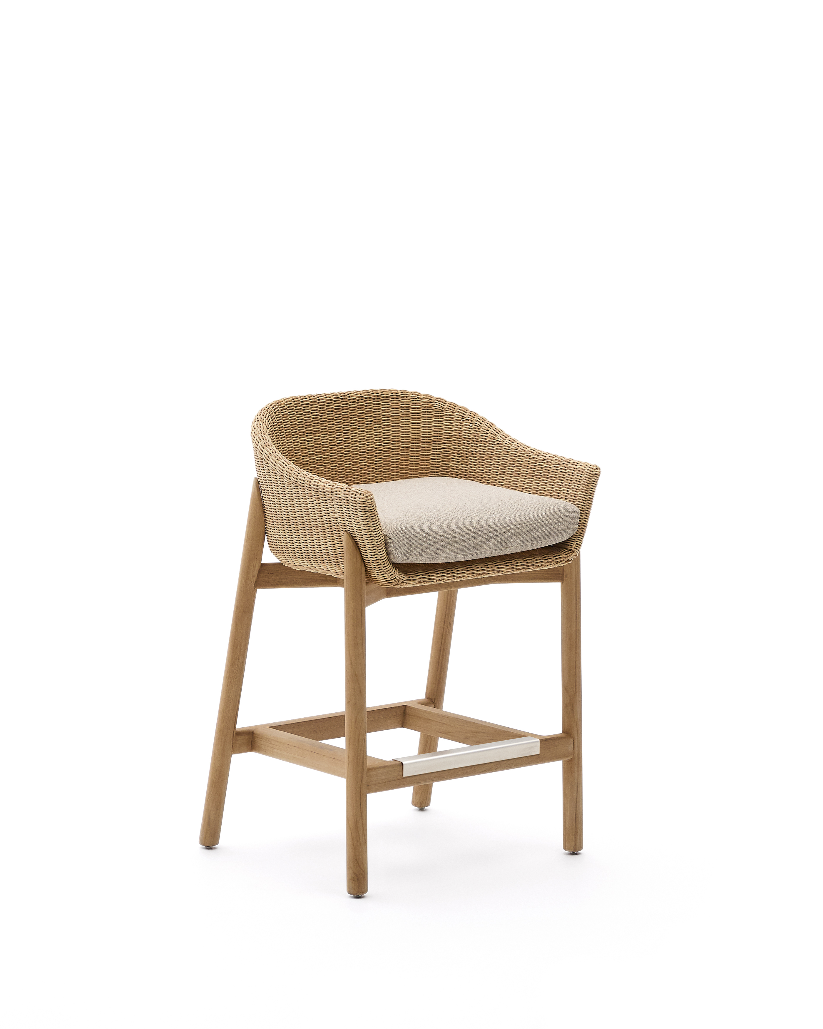 Kave Home Galea Udendørs Barstol     Ryglæn  Armlæn  Hynde Syntetisk Rattan Og Teaktræ  65cm