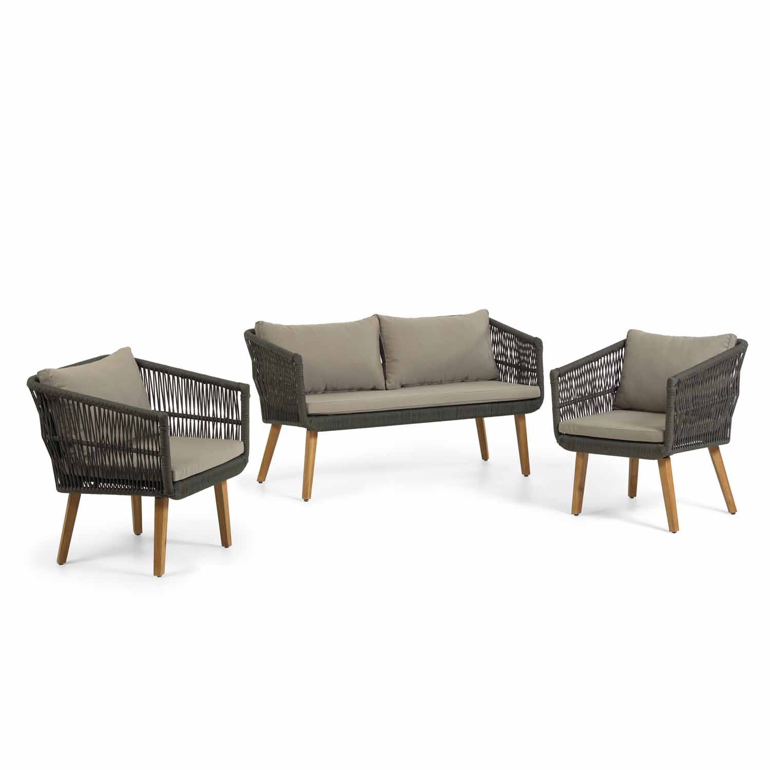 Kave Home Inti Havesæt       Pers Sofa Og   Havestole     Hynder Grøn Reb Og Natur Akacietræ