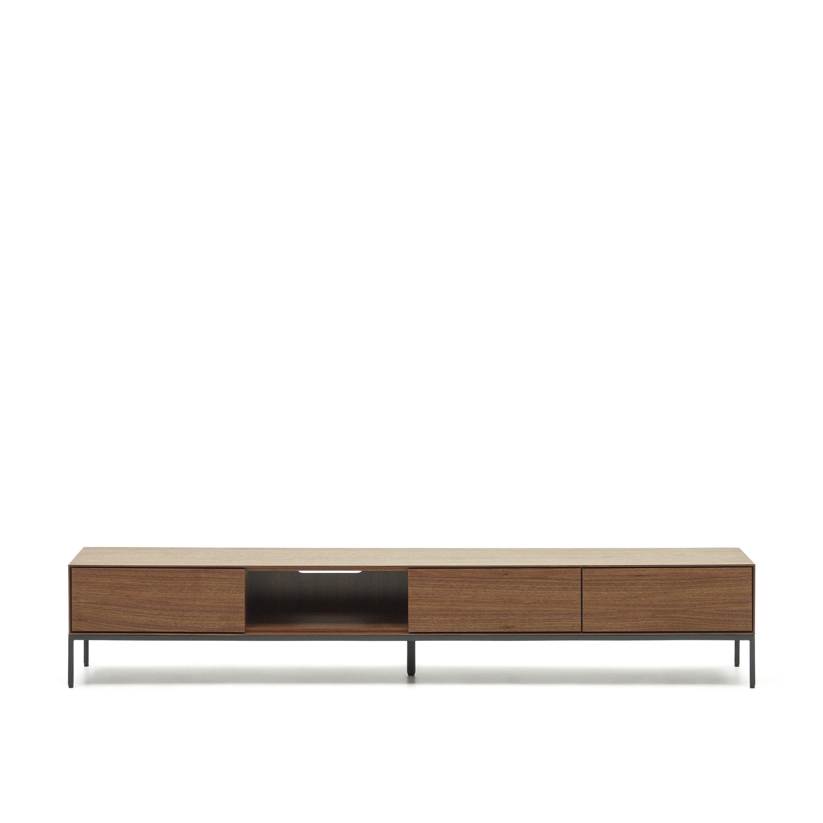 Kave Home Vedrana Tv-bord       Skuffer Og   Rum Brun Valnøddefiner Og Sort Stål  195x40
