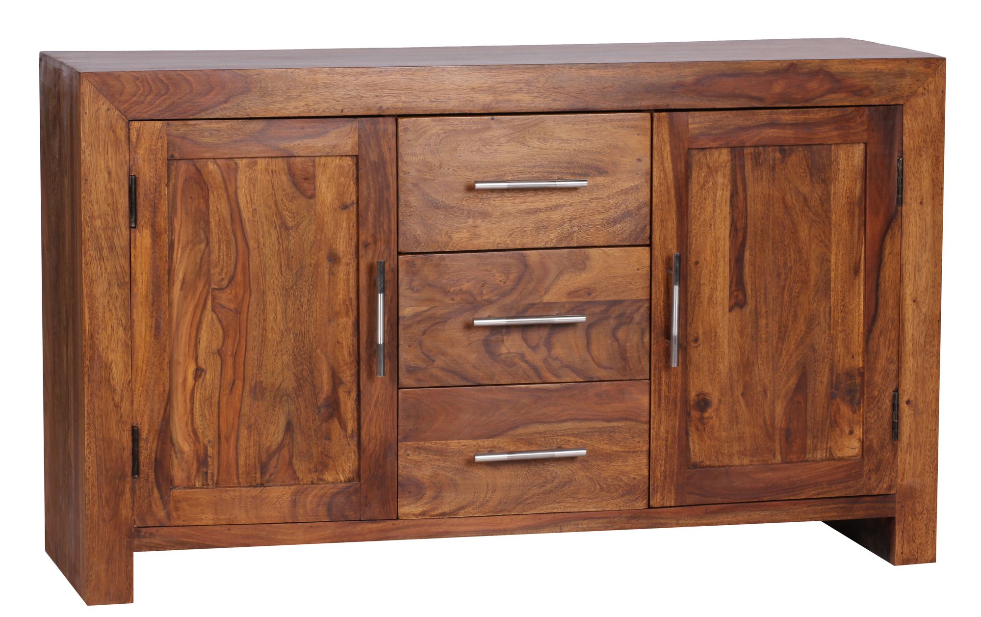 Kommode   Massivt Træ  118 Cm    Skuffer    Låger  Designer-skænk  Landlig Stil  Naturbrun