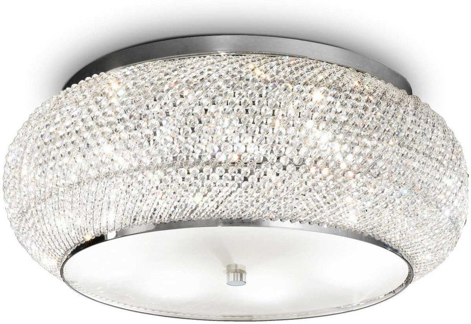 Loftlampe Ideal Lux Pasha Krom Med Krystalperler Og Sandblæst Glas ø55   H21 Cm