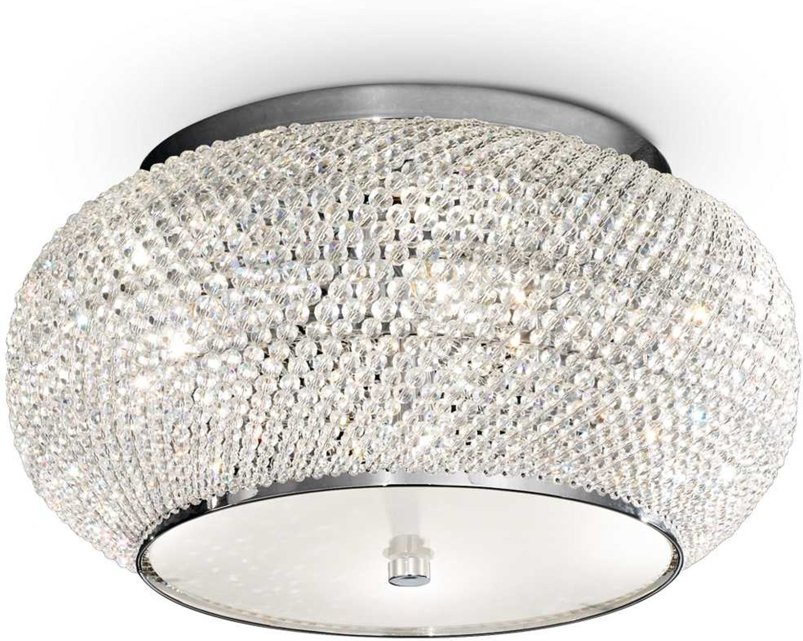 Loftslampe Ideal Lux Pasha ø40   H22 Cm Krom Med Krystalperlesnor 6xe14