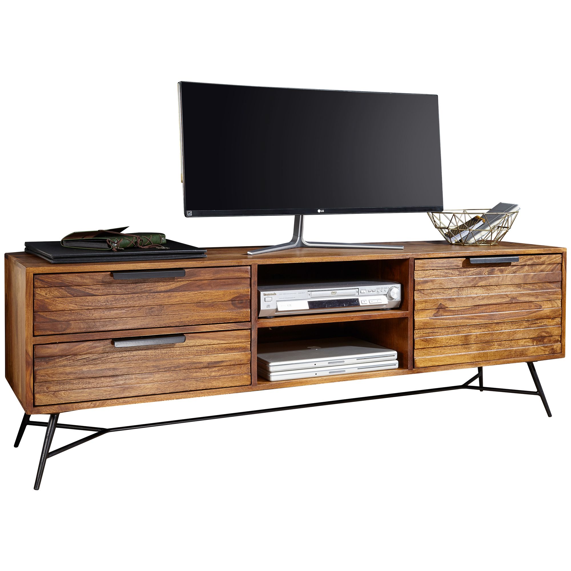 Nishan Lavskab 160x54x40 Cm  Massivt Sheeshamtræ  Designer Hi-fi-skab Med Opbevaring Og Skuffer  Massivt Træ Tv-skab Til Stue  Industrielt Tv-bord Med Metalben