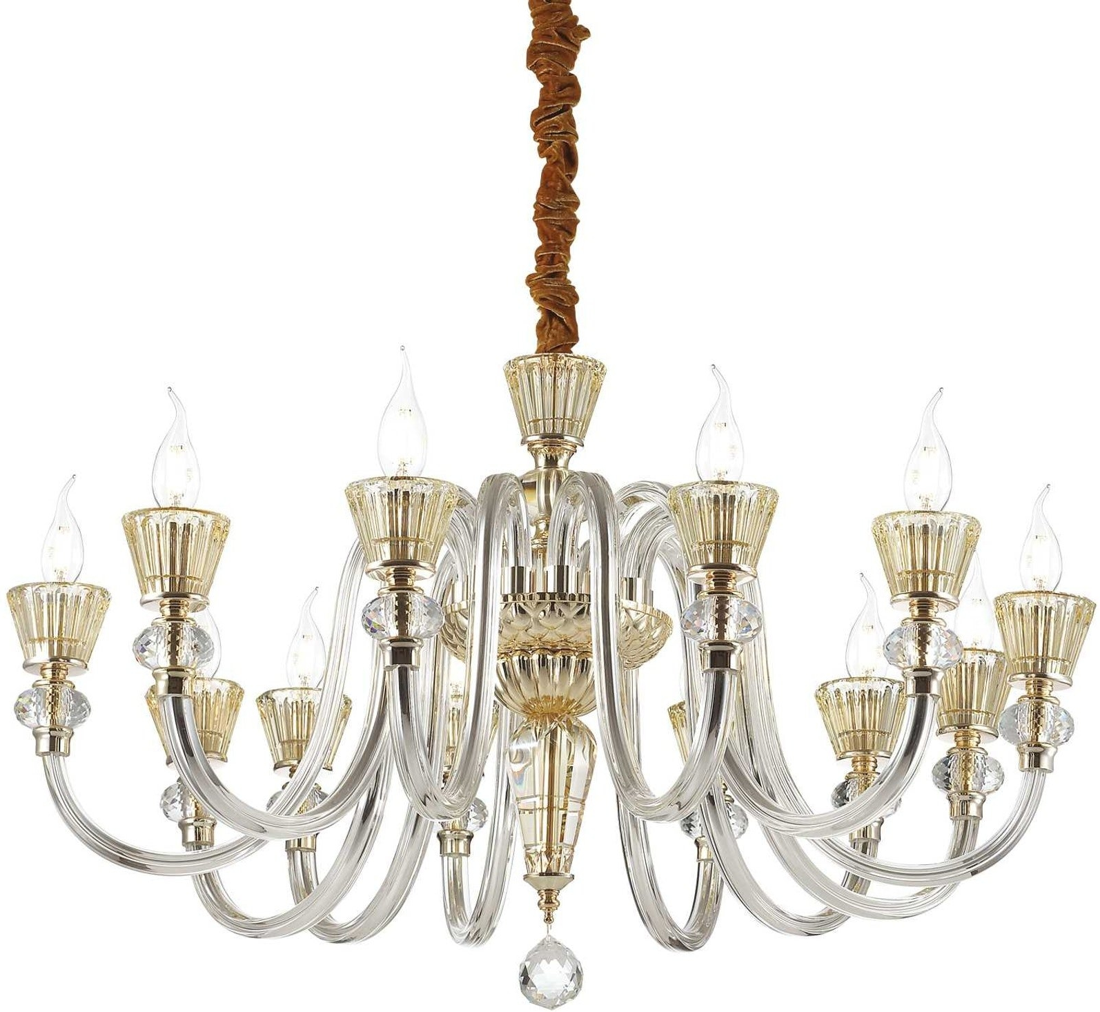 Pendel Lampe Ideal Lux Strauss ø84   Cm Guldfinish Med Ravglas  Fløjlskæde Og Højdejustering