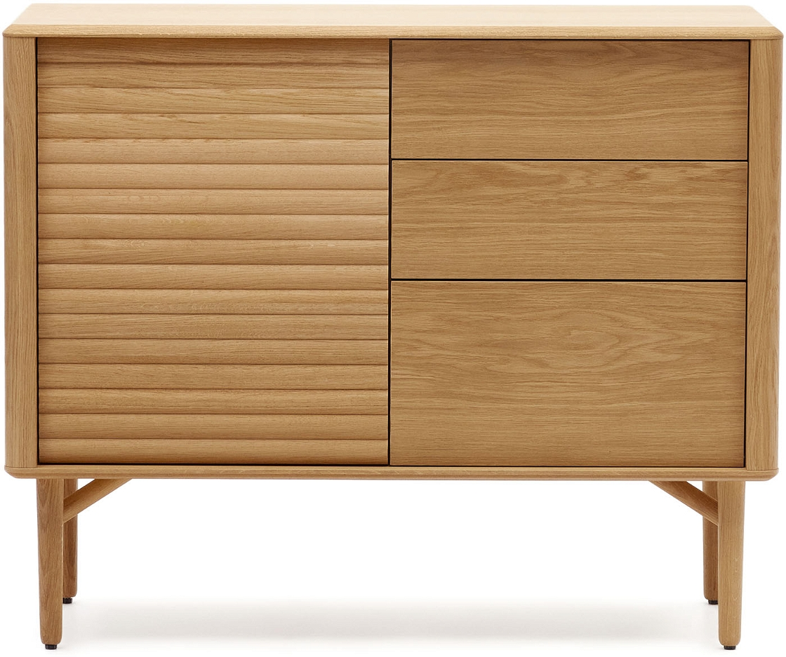 Skænk Kave Home Lenon   Massiv Eg   Eg Finér Natur Moderne Nordisk Design Med   Låge Og   Skuffer