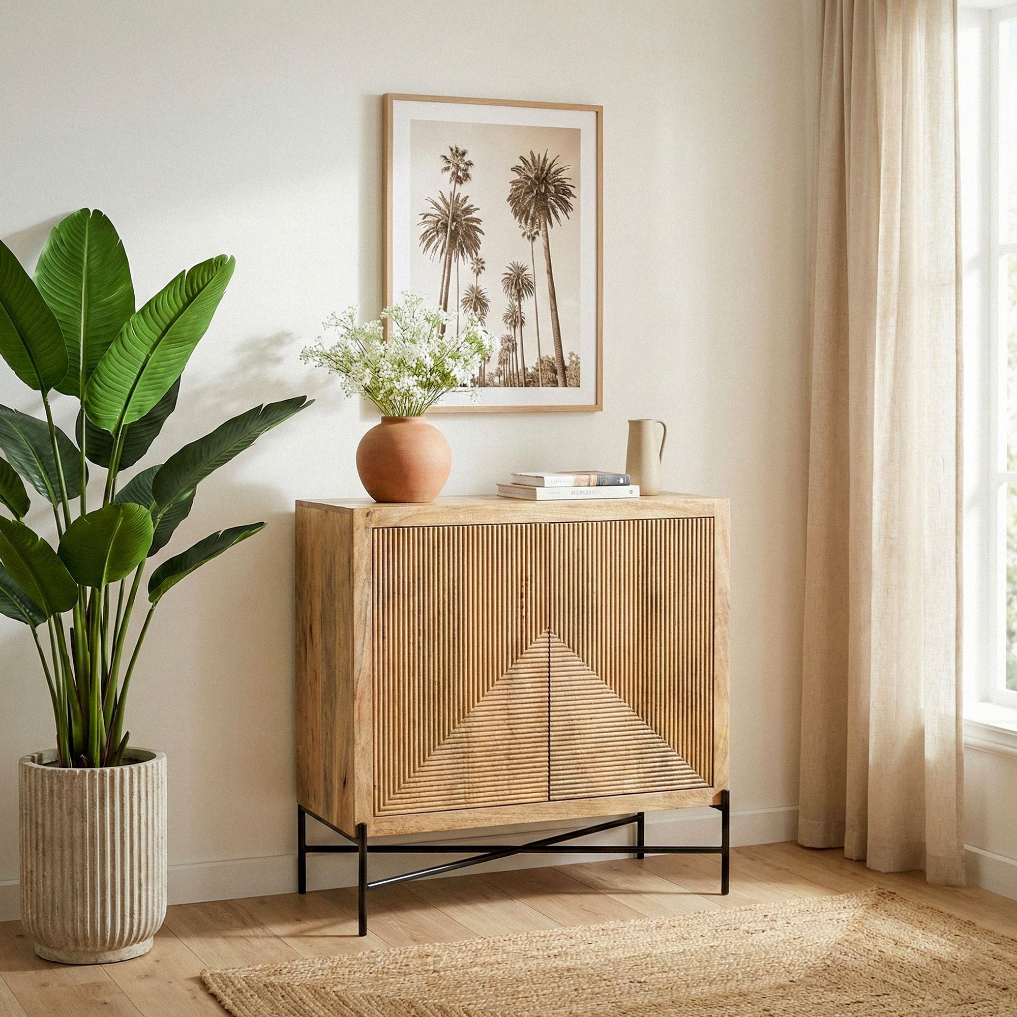Skænk Mango Massivt Træ 91x96cm Kommode Med   Låger Stueskab Med Metalben  Håndlavet