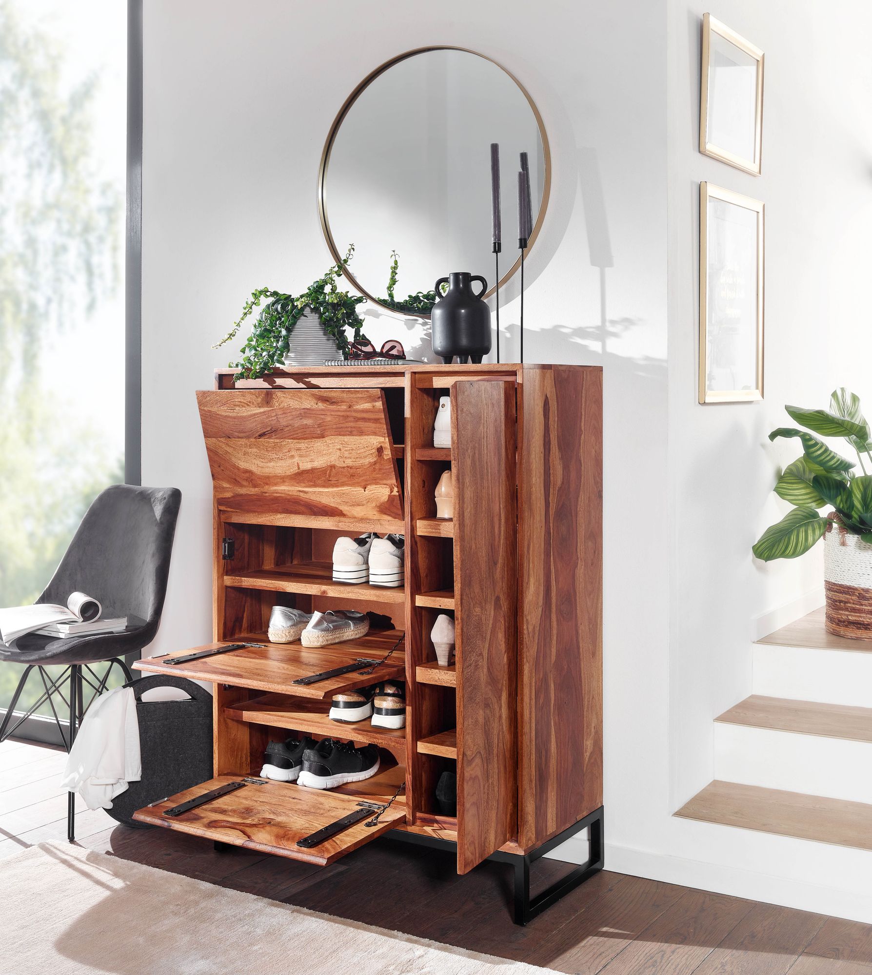 Skoskab   Massivt Sheeshamtræ 88x120x40 Cm  Lukket Skohylde  Designer Skoskab  Entreskab Med Hylde  Skoopbevaring  Entrekommode Til Sko  Høj
