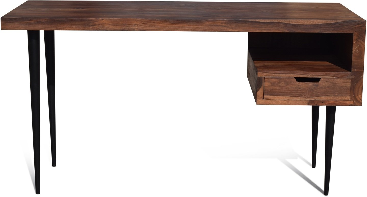 Skrivebord Obuzi Hayfay Retro   Massivt Rosentræ Med Hylde   Skuffe   140x50 Cm  Mørk Natur Sort Stel