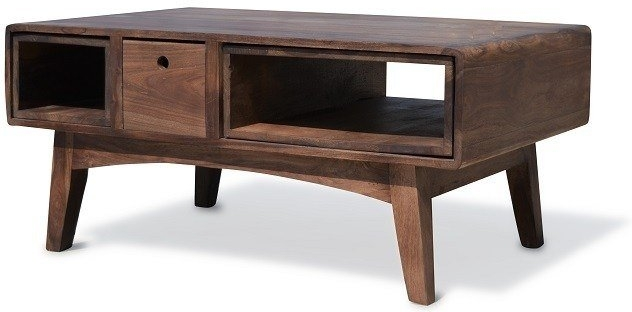 Sofabord Obuzi Stuka   Massivt Rosentræ Mørk Naturfinish Med Todelt Jernunderstel  Skuffe   Hylder  100   60 Cm  Retro Stil