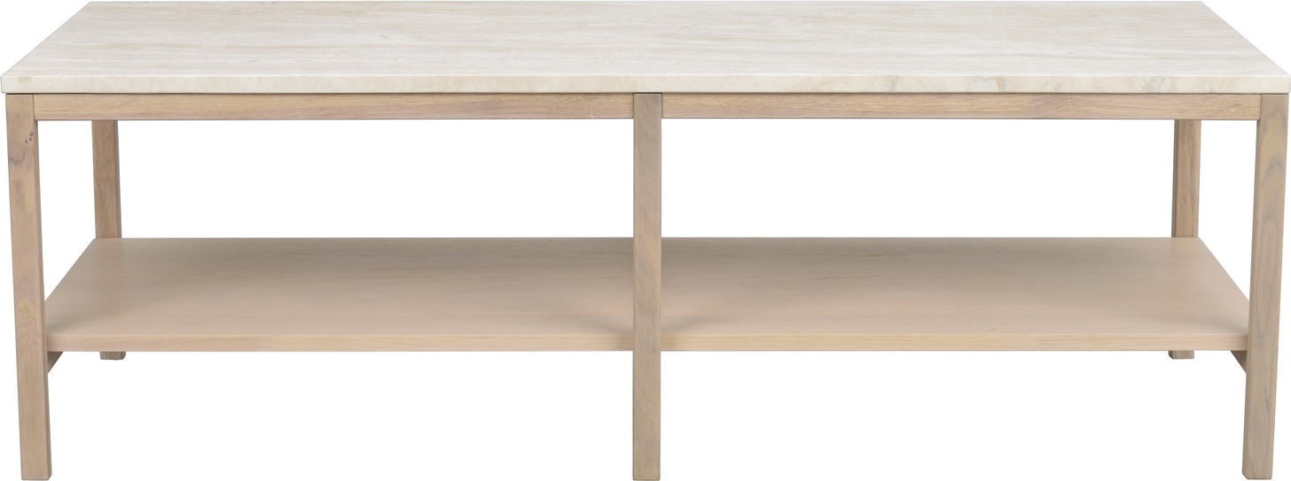 Sofabord Rowico Orwel Loungebord   Beige Italiensk Travertin Og Hvidvasket Massiv Eg Med Hylde L140   B60   H45 Cm