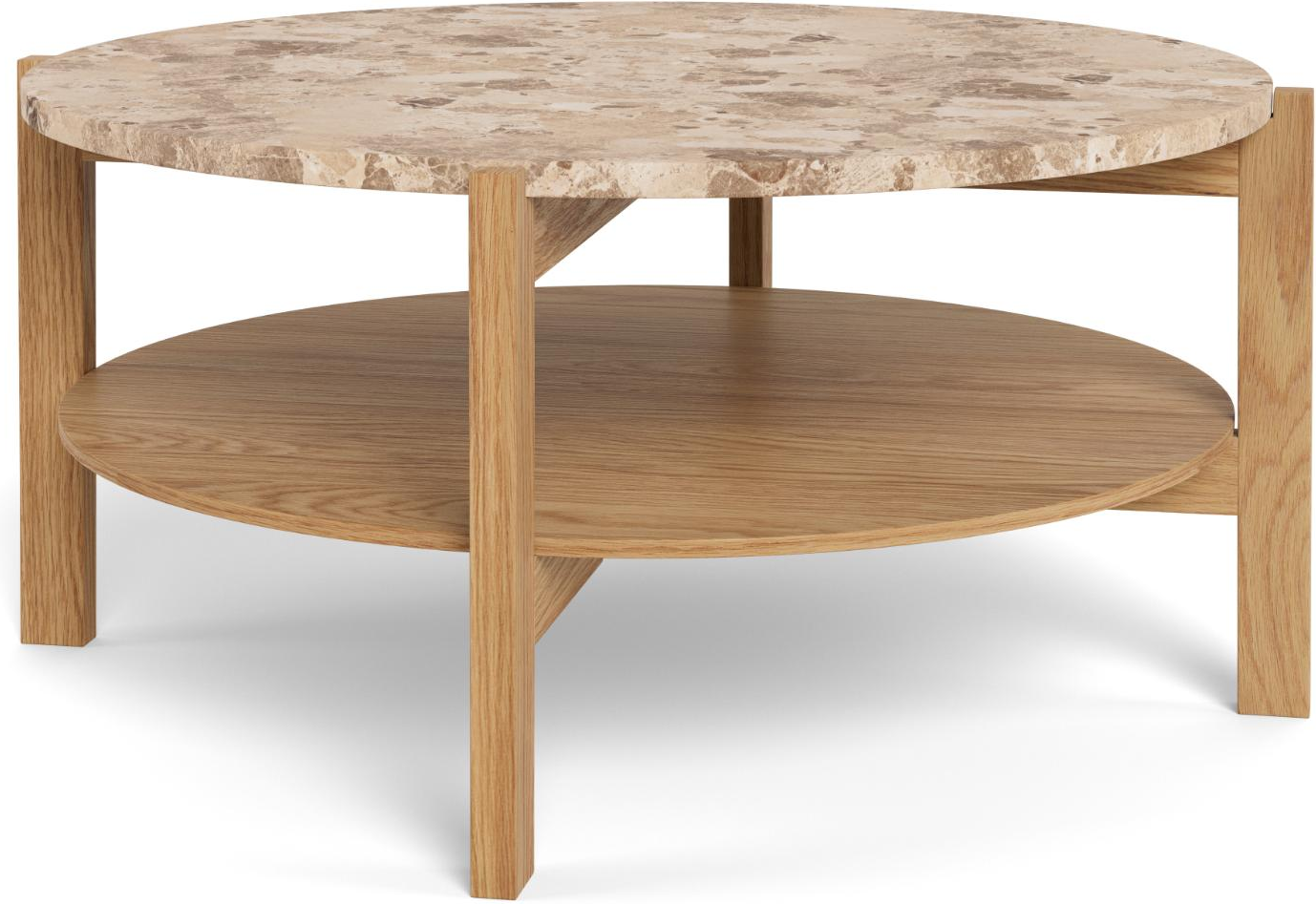 Sofabord Signature Dalvik Loungebord ø80 H40 Cm Rund Marmorplade  Egefiner Stel Og Underhylde  Latte Eg