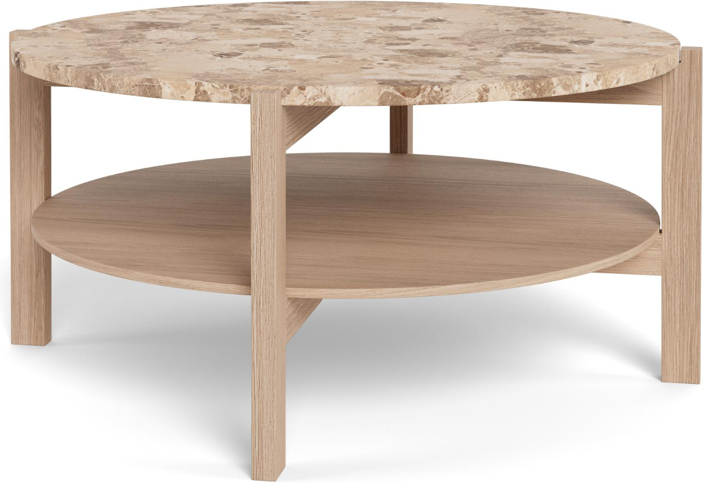 Sofabord Signature Dalvik ø80 H40 Cm  Mat Latte Marmortop  Hvidpigmenteret Olieret Egefiner  Rund Hylde