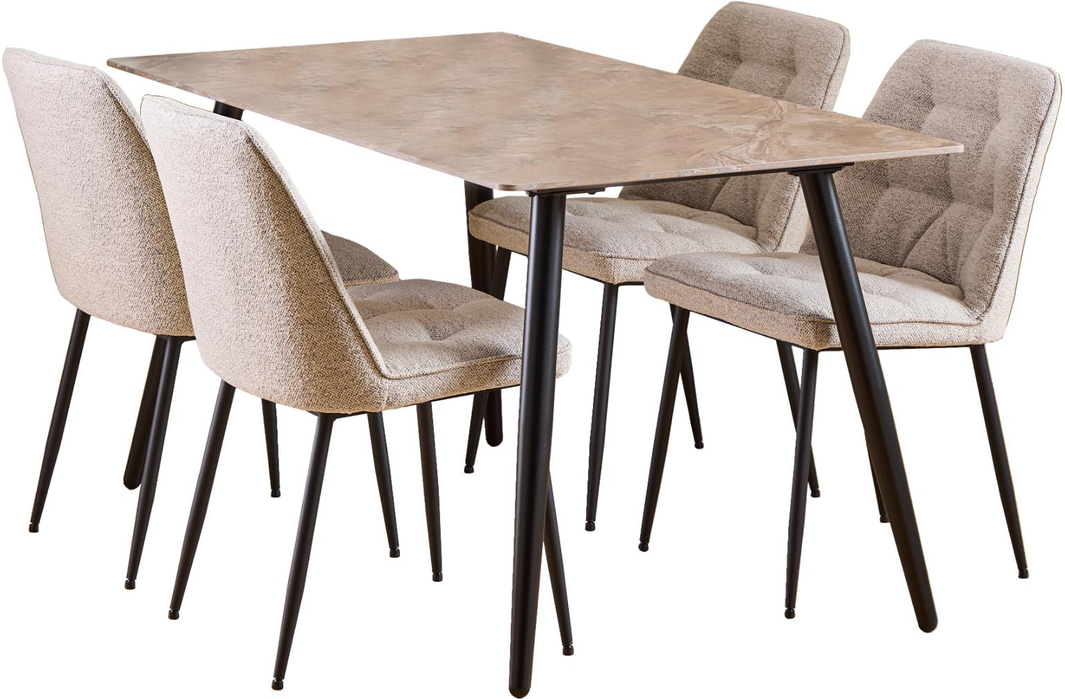 Spisebordssæt Signature Vardo   Rektangulært Bord Med Aberta-keramik 140x80 Cm    Beige Stofstole  Mat Sort Stel