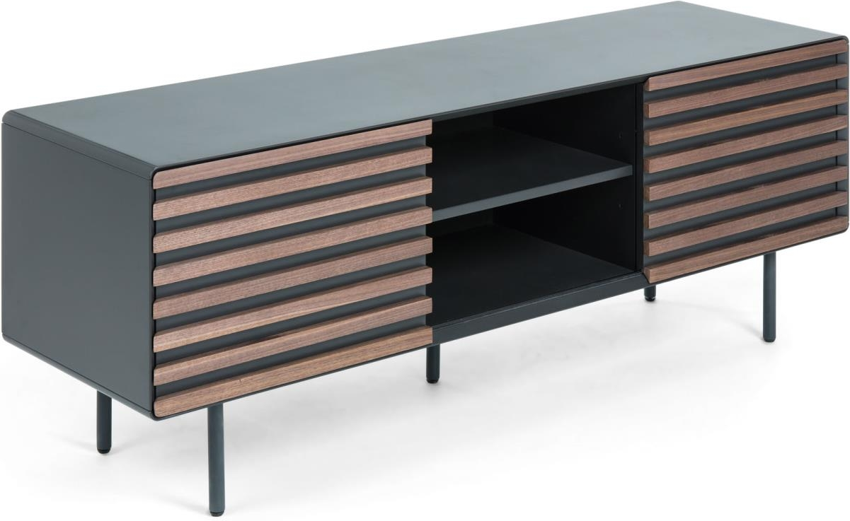 Tv-bord Kave Home Kesia   Valnøddefiner Og Mat Grafit Mdf Med Tynde Metalben  åbne Hylder  162 Cm