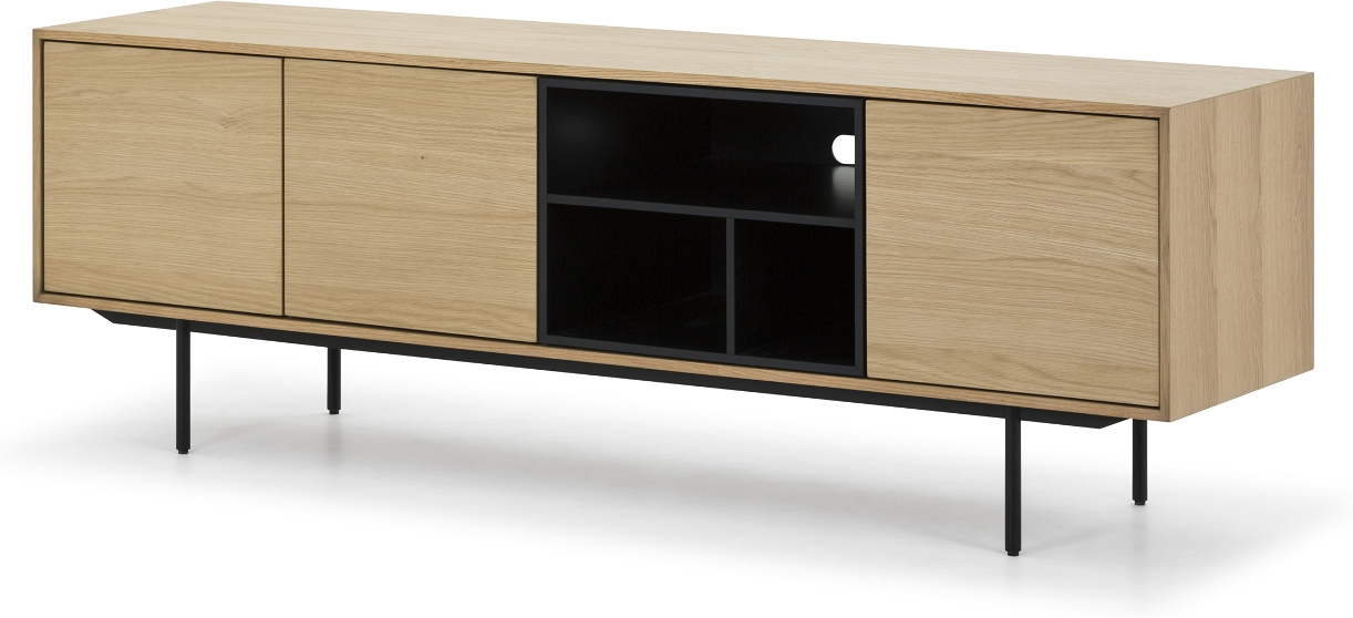 Tv-bord Mediebord Nielsen Design Hasseris Eg Natur L180   H60   D45 Cm Egetræsfinér   Pulverlakeret Stål Med Skuffer Og Hylder