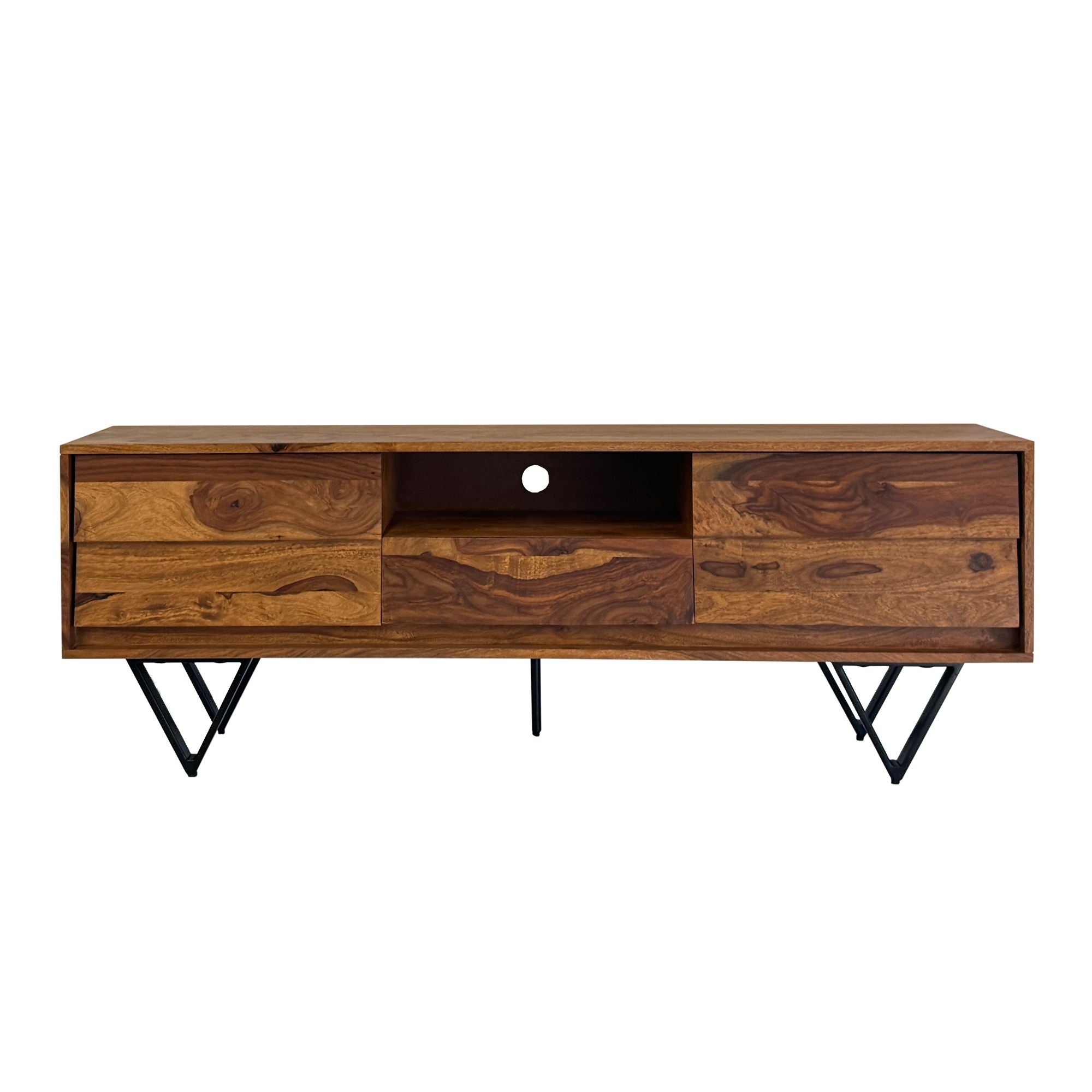 Tv-lavbord   Massivt Sheeshamtræ  160 Cm  Tv-bord Med Låger  Skuffe  åbent Rum Og Kabelhåndtering  Tv-bord Med 3d-fronter Og Sorte Metalfødder   Industrielt Design