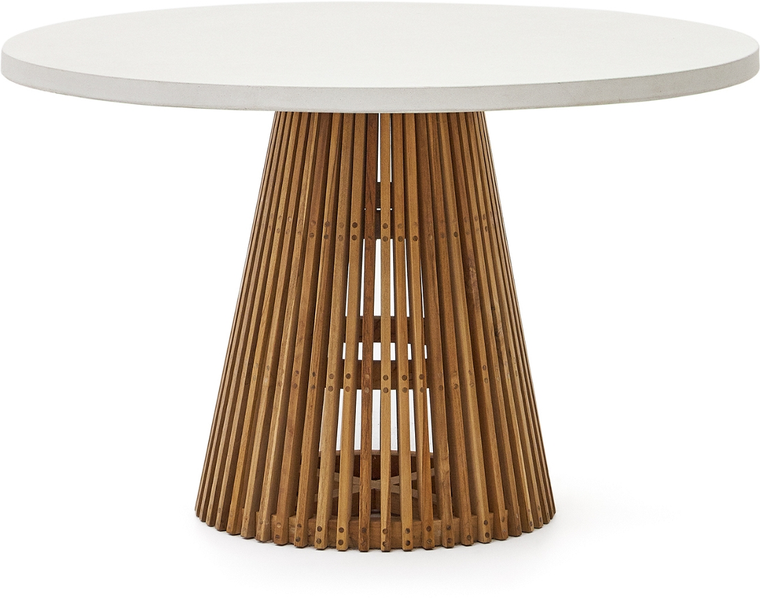 Udendørs Rundt Spisebord Kave Home Alcaufar   Hvidt Fibercement Og Teaktræ ø120 H76 Cm