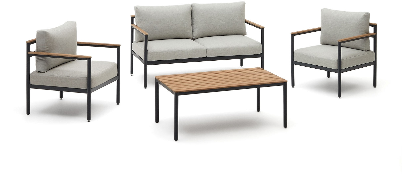 Udendørs Sofasæt Kave Home Aiguafreda   Rustik Kolonial Loungesæt   Aluminium   Akacietræ Med Sofa  Lænestole Og Bord