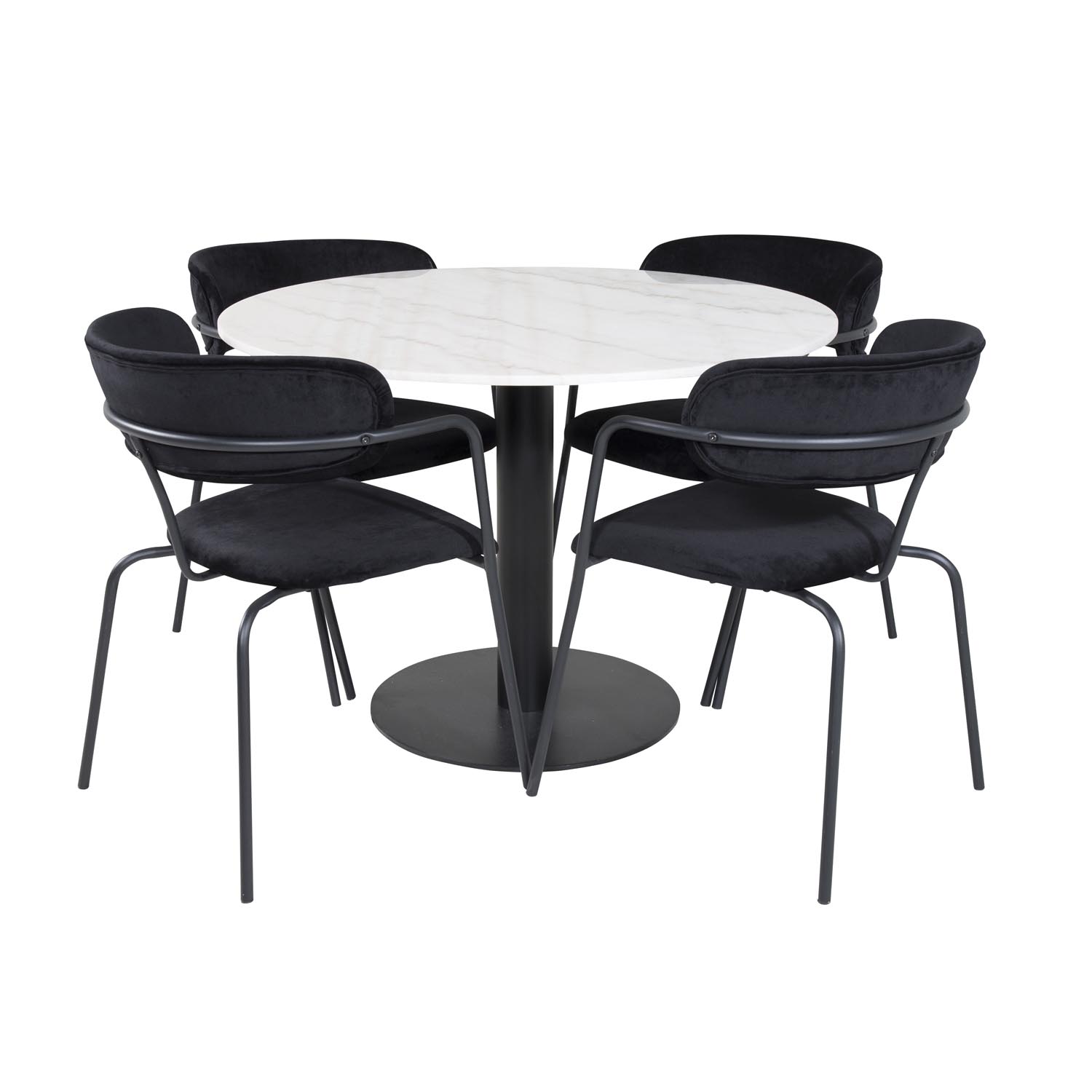 Venture Design Estelle Spisebordssæt       Stole Hvid Marmor Sort Metal Og Sort Fløjl Sort Metal