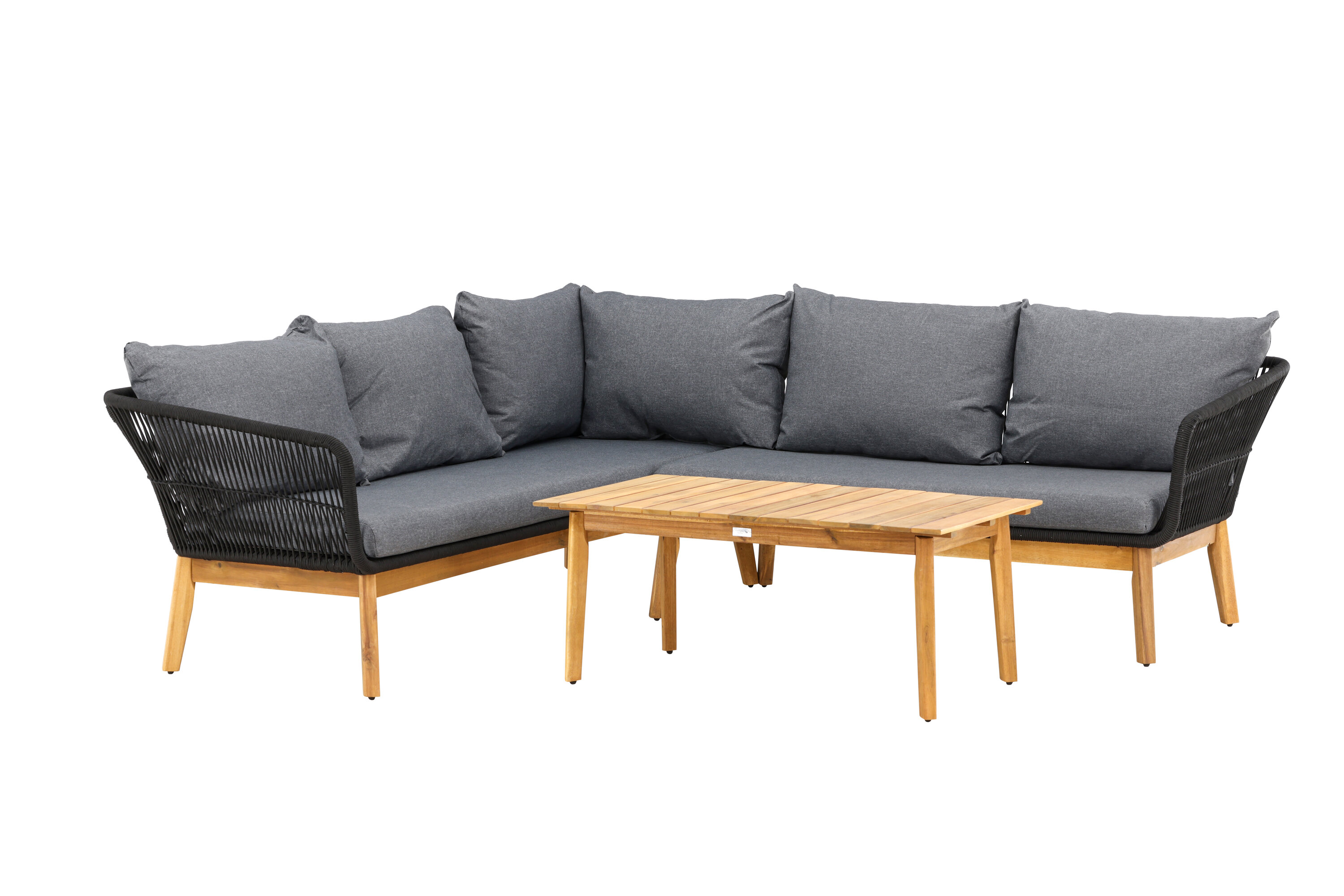 Venture Home Chania Havehjørnesofasæt       Bord    Sofa Og Mørkegrå Hynder Sort Reb Og Natur Akacietræ