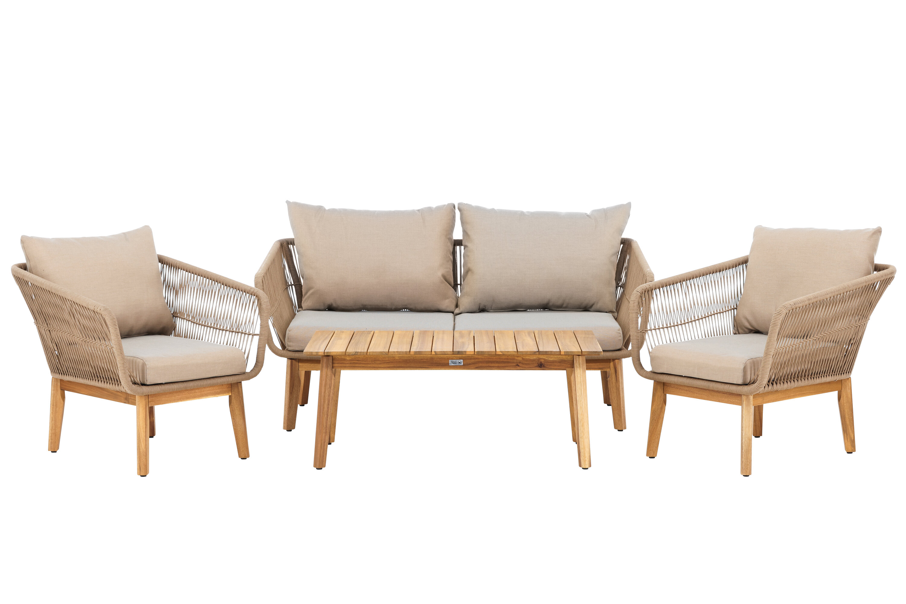 Venture Home Chania Havesofasæt       Bord    Sofa    Stole Og Beige Hynder Natur Reb Og Natur Akacietræ