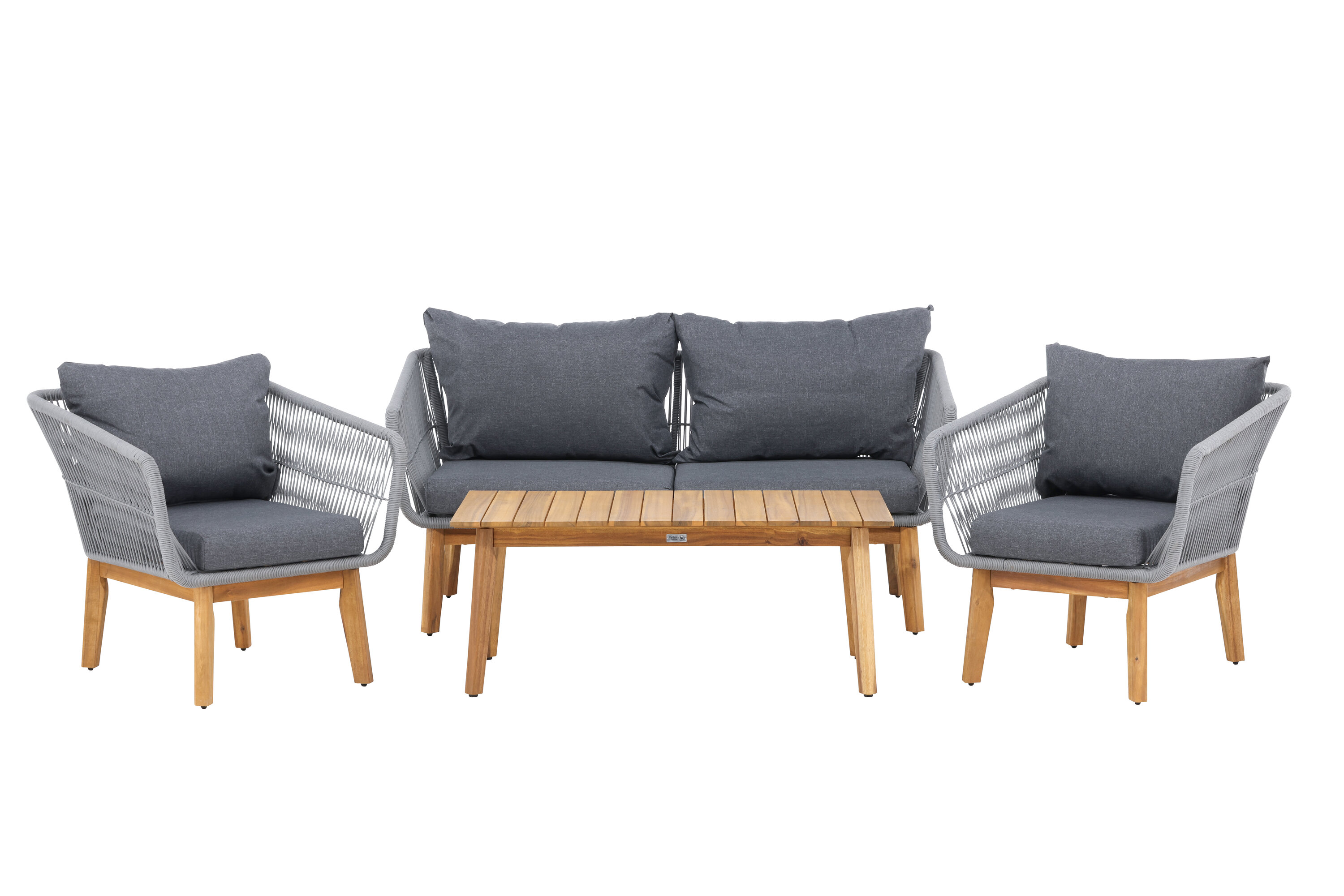 Venture Home Chania Havesofasæt       Bord    Sofa    Stole Og Mørkegrå Hynder Lysegrå Reb Og Natur Akacietræ