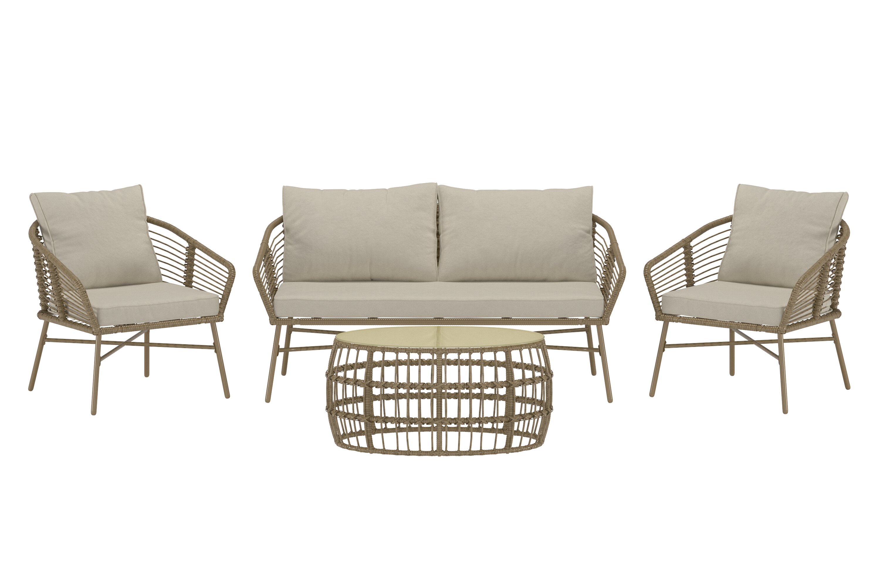 Venture Home Lipari Havesofasæt       Bord    Sofa    Stole Og Beige Hynder Glas Og Brun Polyrattan Stål