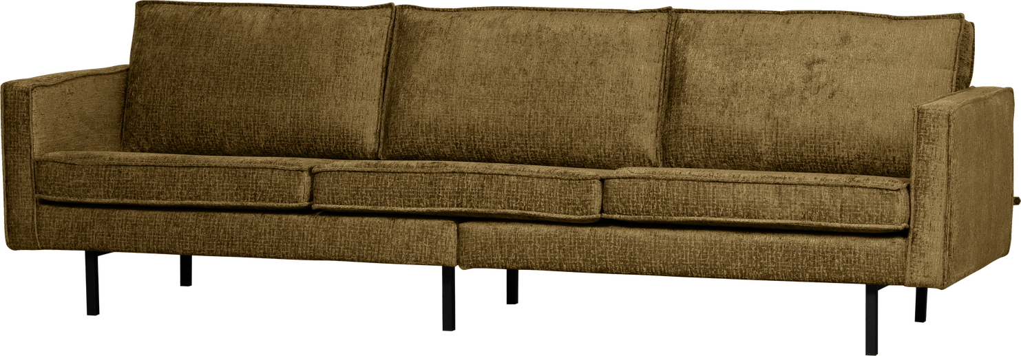 -personers Sofa Woood Rodeo   Gylden Strukturfløjl  Voluminøs Polstring  Højt Benstel  Fast Siddekomfort